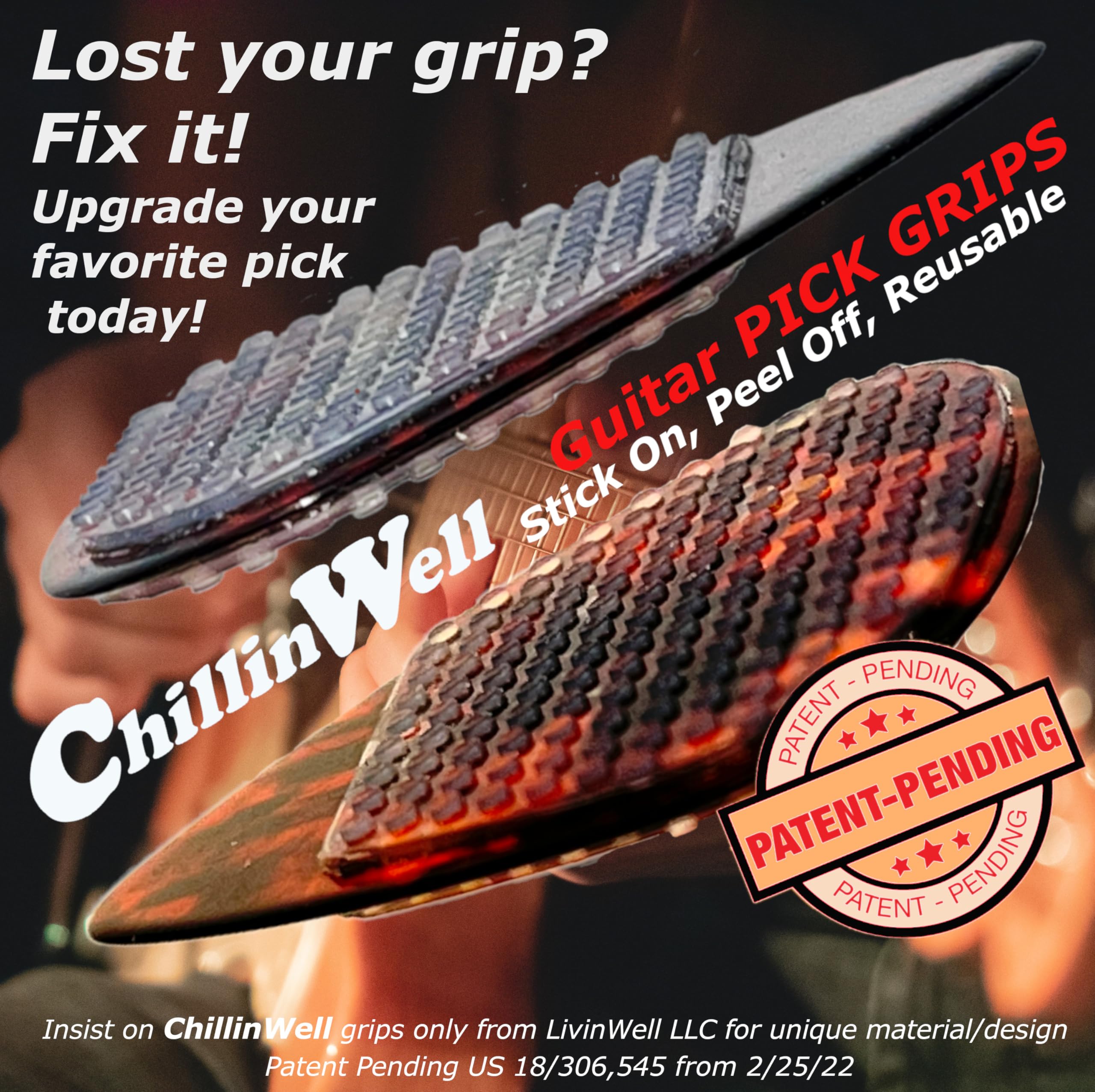 ChillinWell Guitar Pick Grips 16 pc Grippy not Sticky Durable Reusable Soft Stick-On Trimmable Silicone Rubber