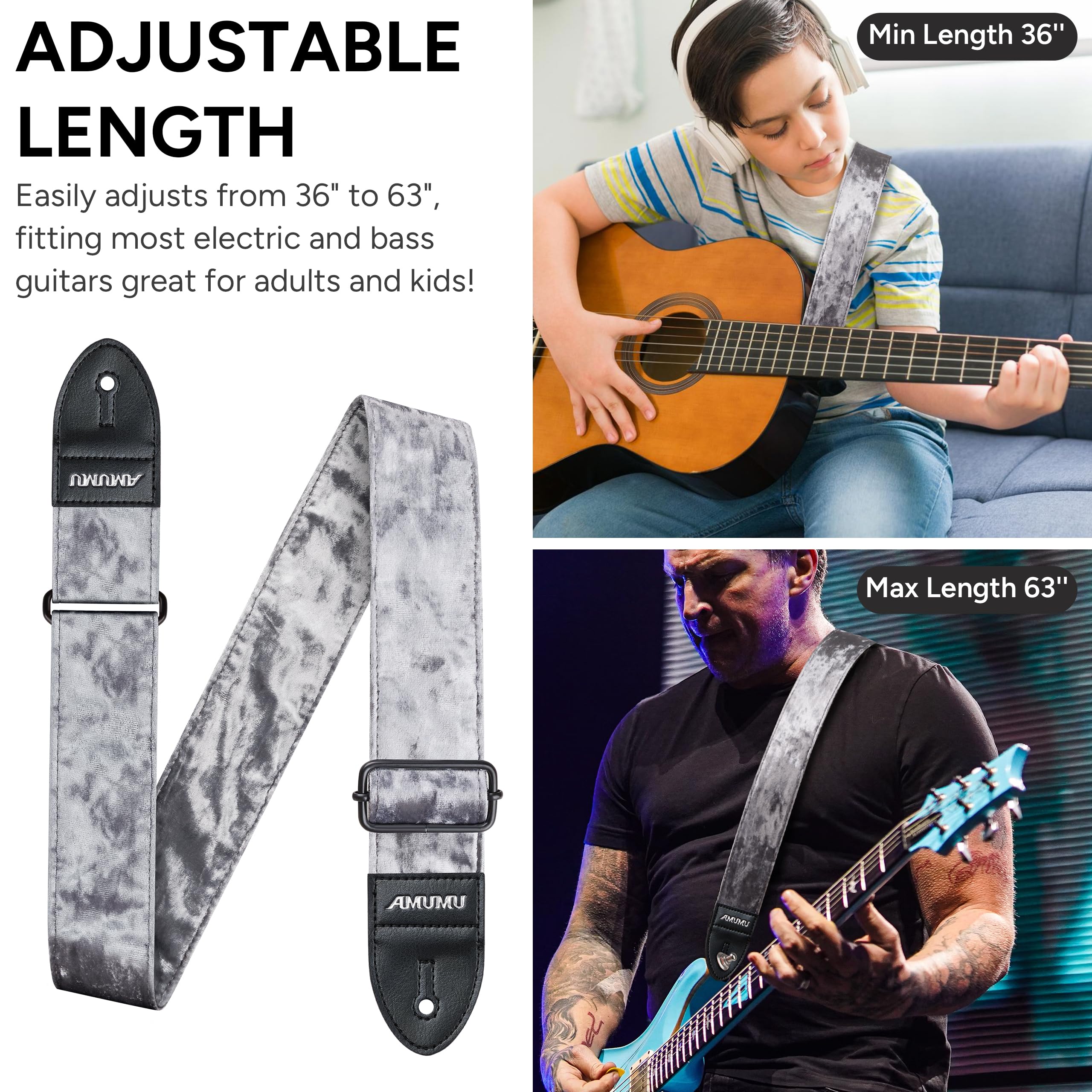 Amumu Flocked Velvet Guitar Strap with Microfiber Leather Ends – Guitar Accessories – Fits Acoustic, Electric Guitar and Bass – Silver