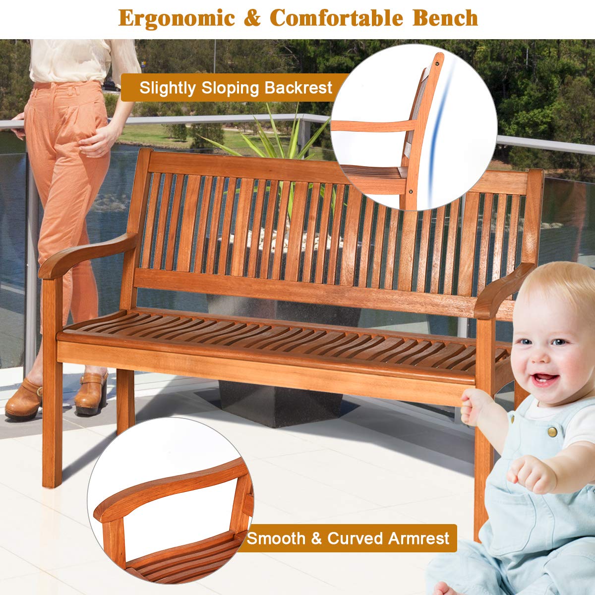 Tangkula Outdoor Wood Garden Bench, 50″ W Solid Wood Patio Park Bench with Dense Slatted Backrest & Seat, Curved Armrest, Large Wooden Loveseat Bench for Deck, Porch, Poolside, Yard & Balcony