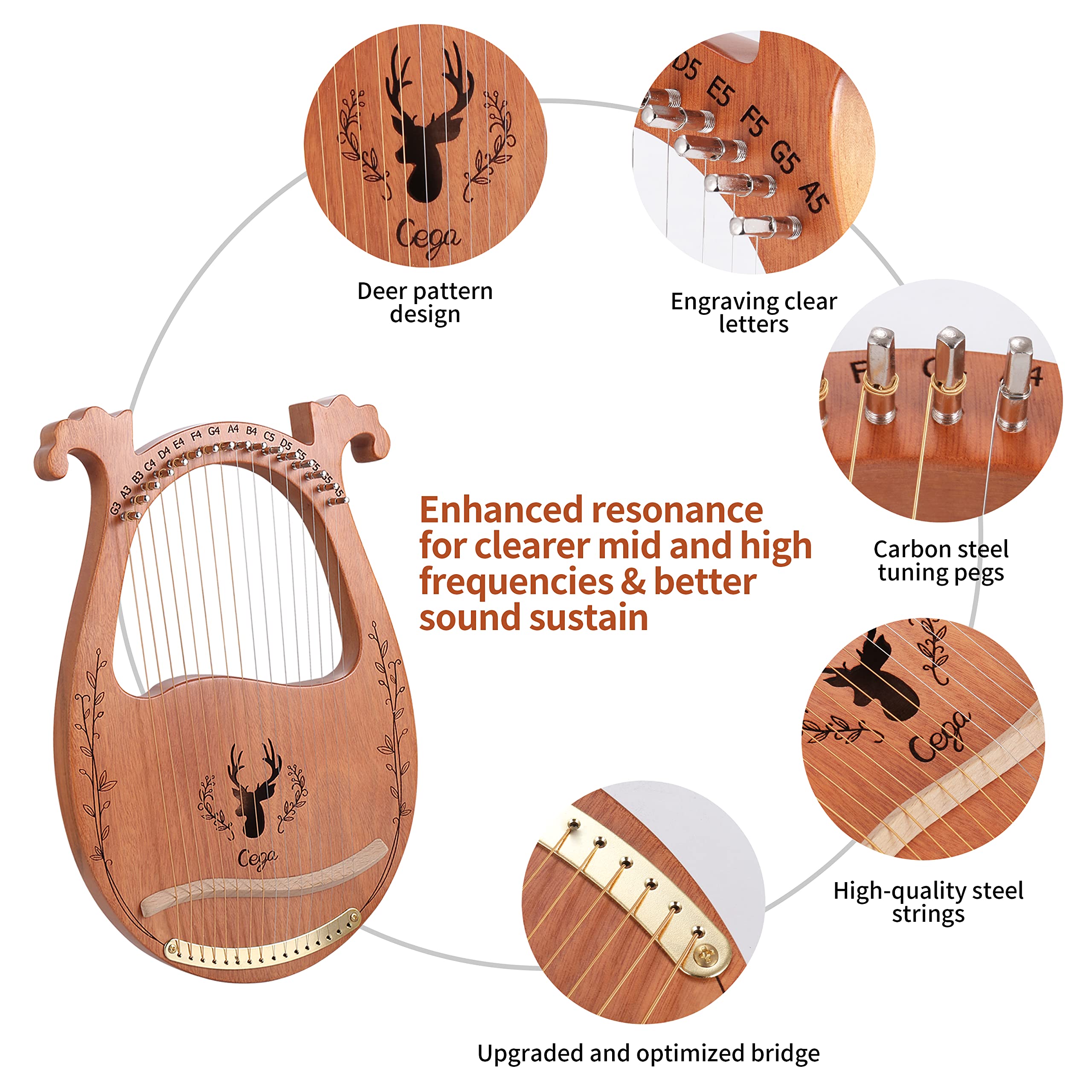 Lyre Harp, 16 Strings Mahogany Acoustic Lap Harp for Adults Beginners