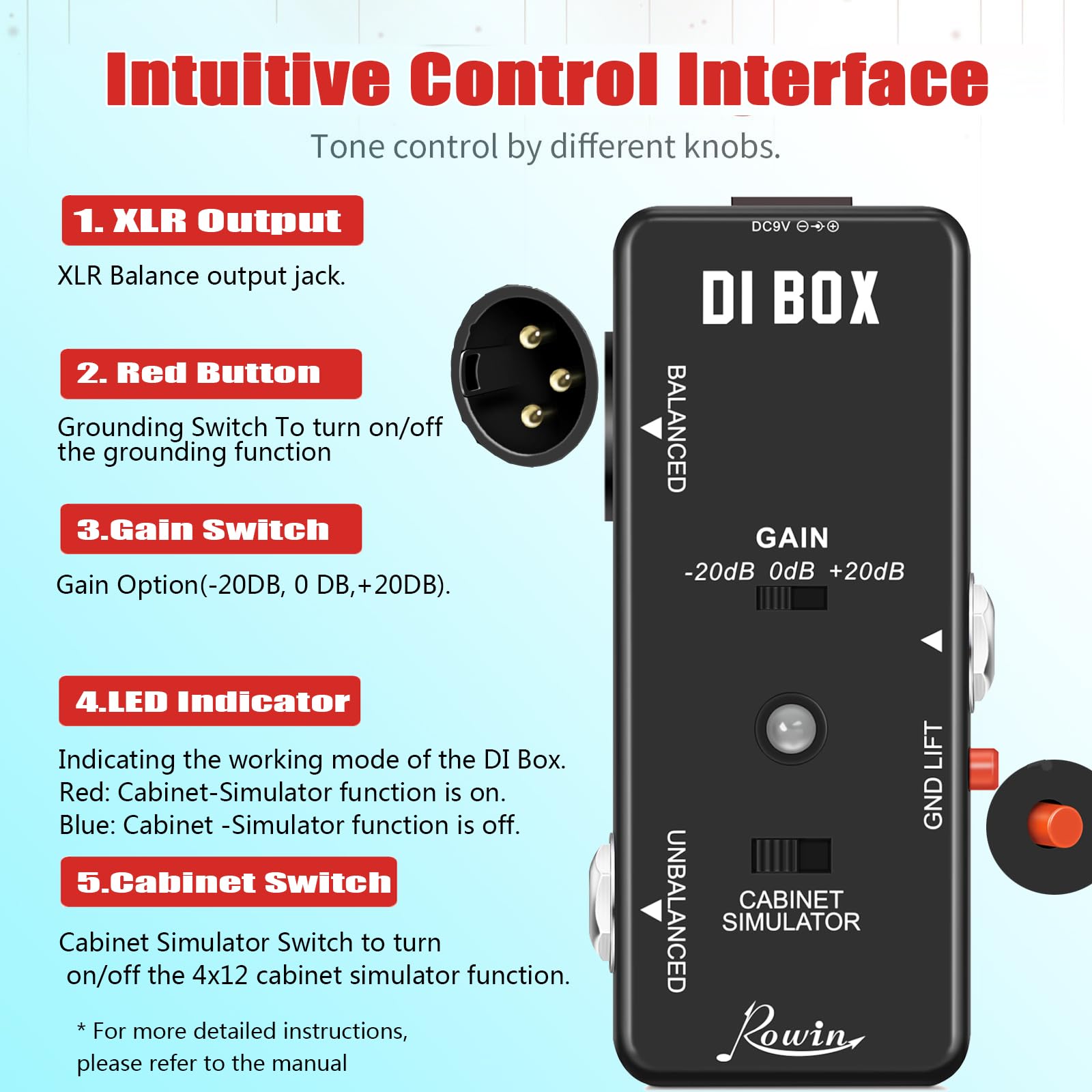 Rowin Guitar Bass Passive DI Box Instrument to Balanced and Unbalanced Micro Direct Box Pedal