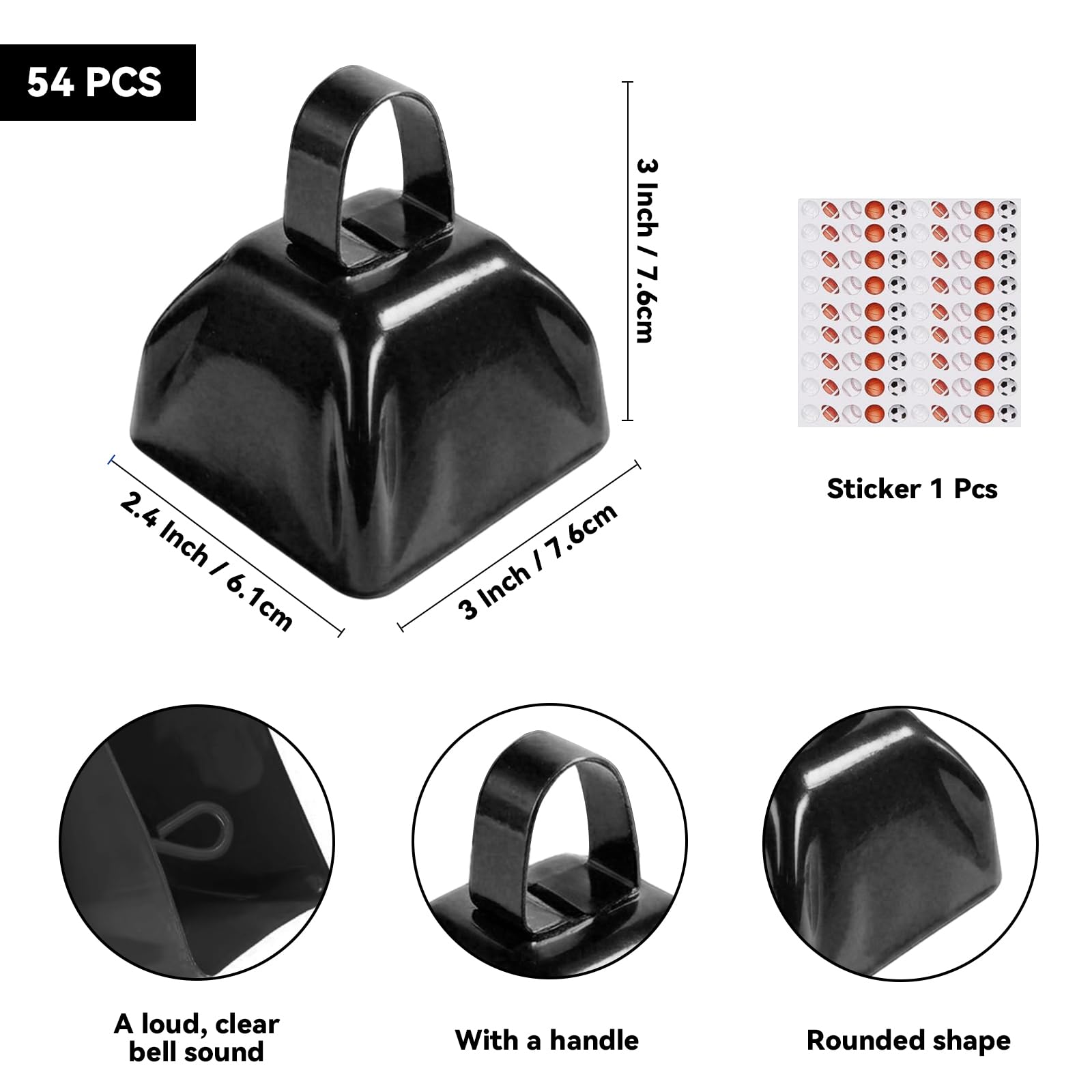 54 Pack Small Cow Bells for Sporting Events, Metal Cow Bells Bulk with Handle, 3 Inch Compact Noise Makers for Football Games, School Pep Rallies, Weddings and Parties, Black