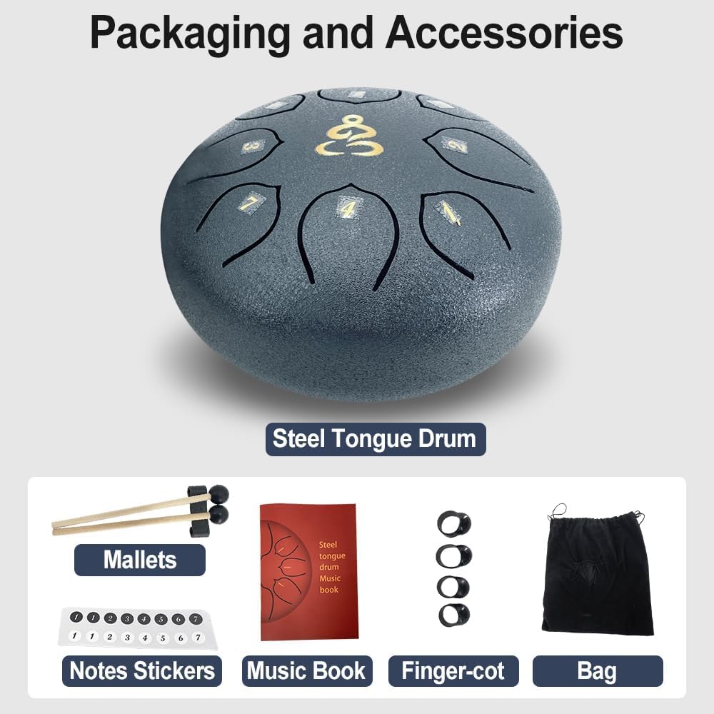 ModouString Steel Tongue Drum 6 Inches 8 Notes, Rain Drum for Outside with Music Book, Drum Mallets Meditation Rain Chime, Musical Instruments for Family, Friends