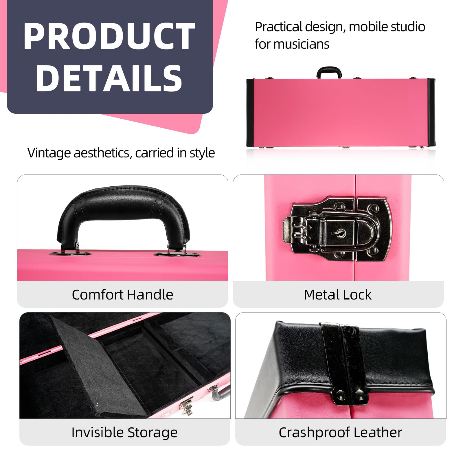REAL MISSION Electric Guitar Case Hard, Fits Fender Strat, Tele, and Standard Guitars, Portable 4-Layer Protection Hardshell with Comfort Handle, Secure Metal Lock (Pink)