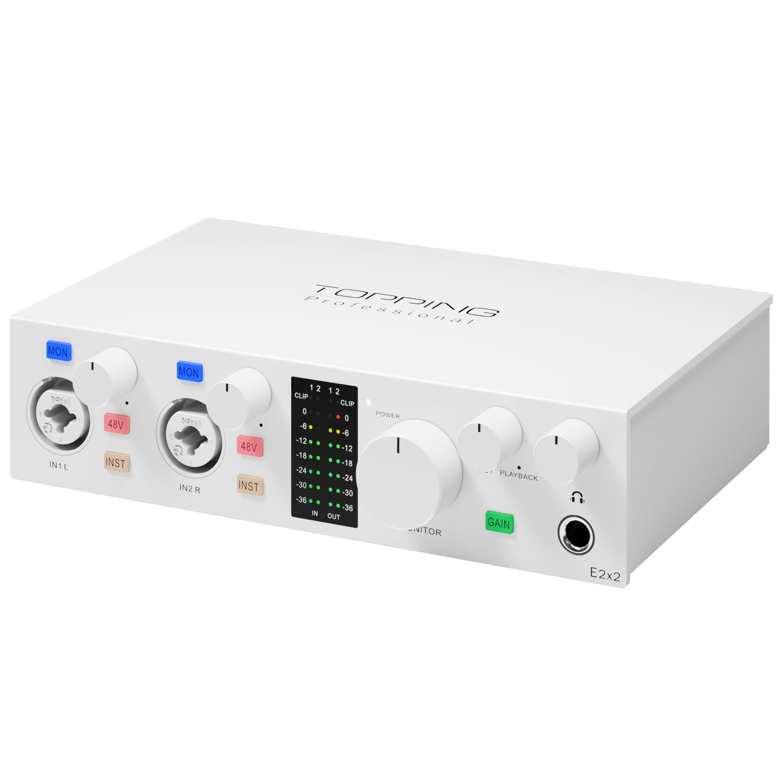 TOPPING E2X2 USB Audio Interface – High-Performance Mixer & Recording Interface for PC, Mac, iPhone & Android – Ultra-Linear Preamp, 48V Phantom Power, Low Noise, Real-Time Monitoring (White)