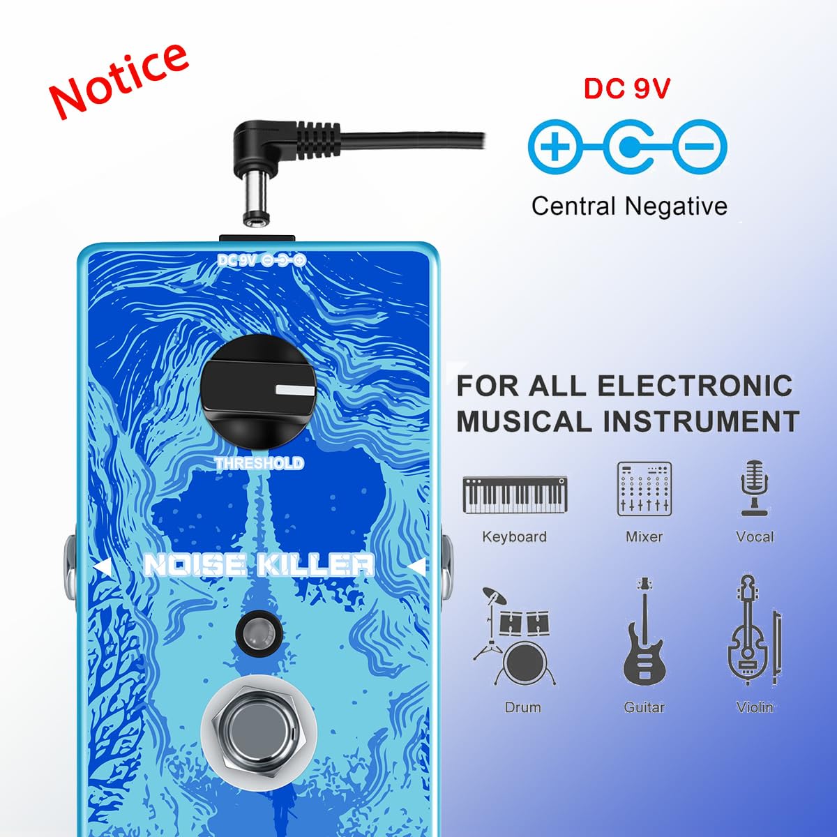 Rowin Noise Killer Guitar Noise Reduction Pedal, True Bypass Noise Suppressor with Adjustable Threshold, Zinc Alloy Full Size Effect Stompbox RE-03