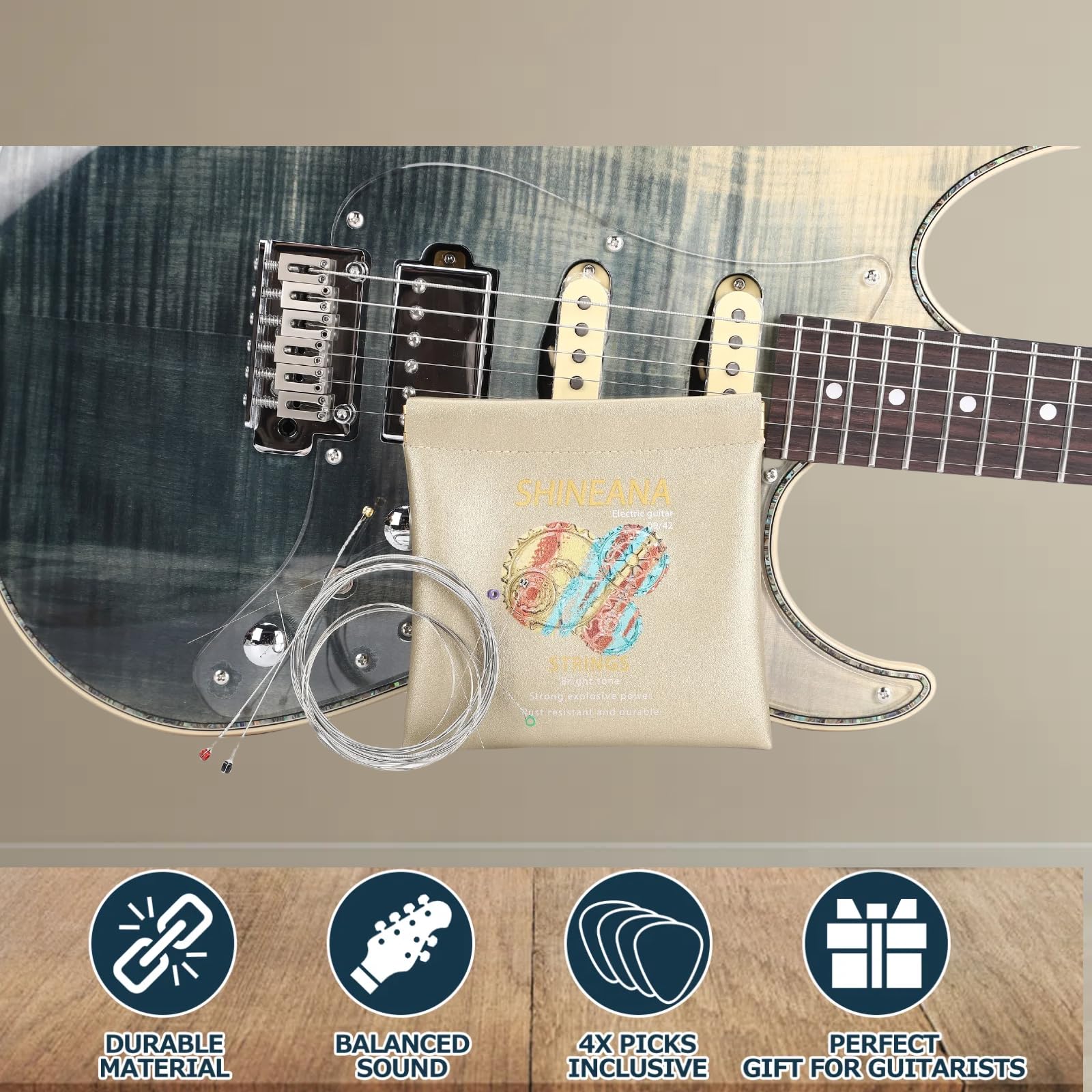 Electric Guitar Strings Handmade Nickel Plated Hex Steel Colorful Ball End-6 String-with Reusable soft leather pouch,Radiant Tone, Explosive Power (Gold(10/46)