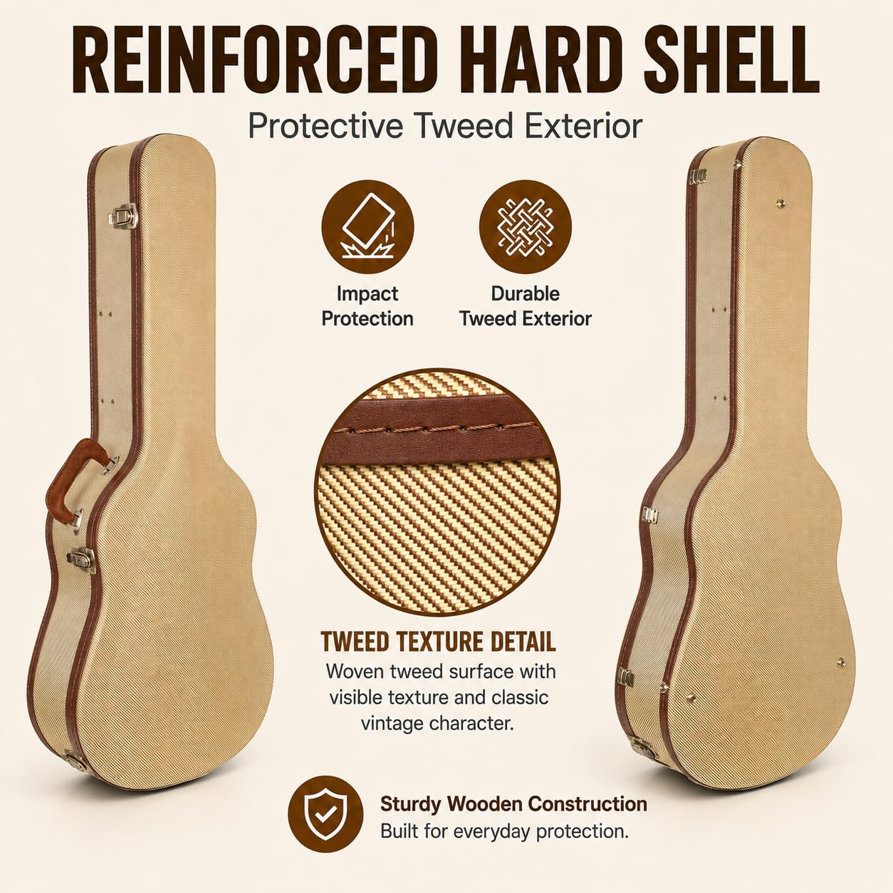 Crossrock Master Series 000 12-Fret Acoustic Guitar Case | Classic Tweed Exterior, Re-Engineered Wooden Shell, Leather Handle & Deep Red Velvet Interior(CRW720-00012FT)