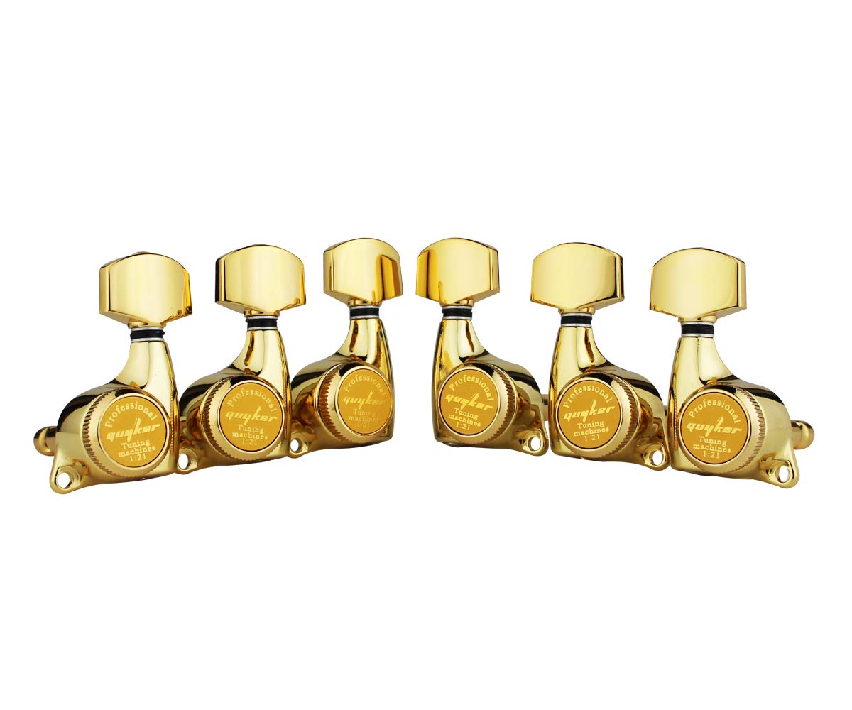 Guyker 6Pcs Guitar Locking Tuners (3L + 3R Handed) – 1:21 Ratio Lock String Tuning Key Pegs Machine Heads with Hexagonal Handle Replacement for LP SG Style Electric, Folk or Acoustic Guitars – Gold