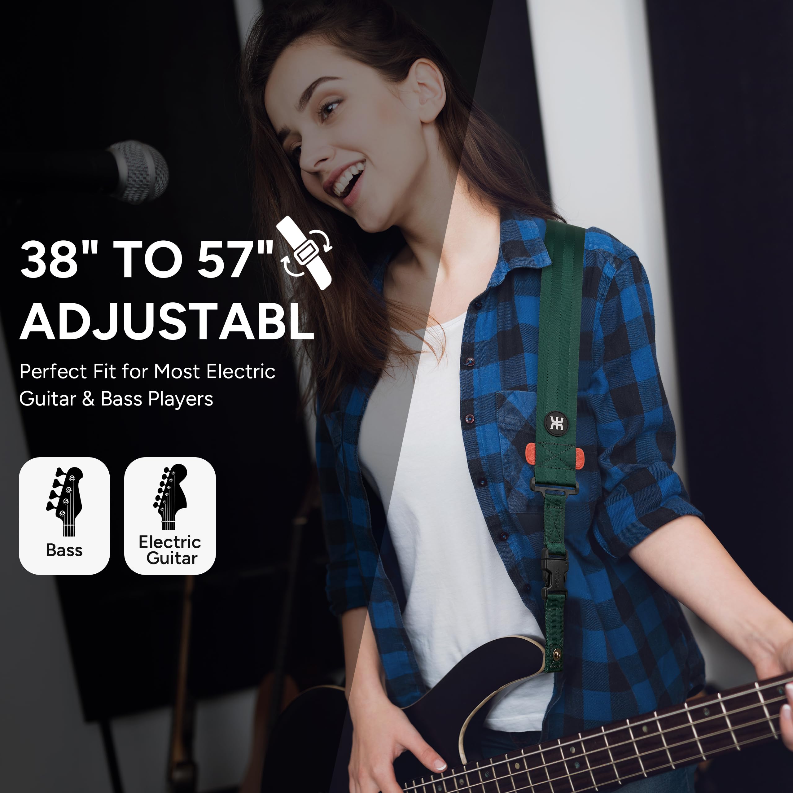 Amumu SNAPLOCK Pro Guitar Strap – Quick-Release Buckle, Screw Fasten Ends, Quick-Fetch Pick Holder, Adjustable 38″-57″, Fits Bass, Electric Guitars, Gift for Guitarists, Emerald Green