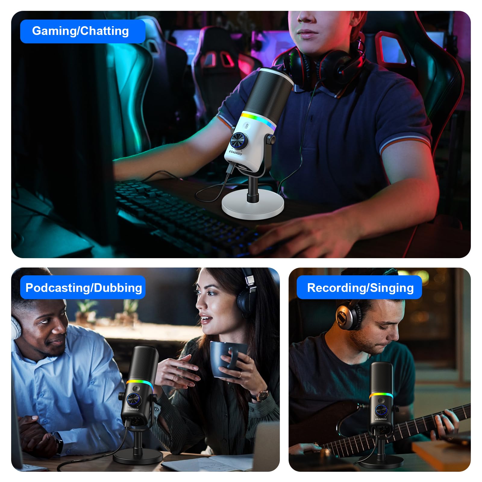 Aokeo Microphone for PC, AK-10 USB/XLR Dynamic Desktop Microphone for Gaming,Podcast,Streaming with RGB Light,Volume Control,Mute Button,Noise Reduction(White)