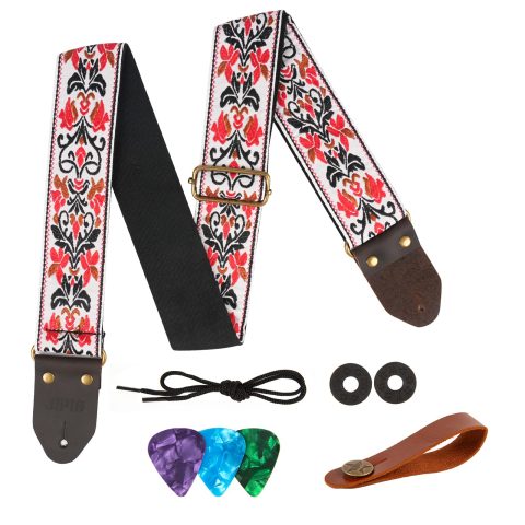 JIPIS Guitar Strap,Jacquard Cotton Guitar Straps with Real Leather Ends for Acoustic,Electric Guitars and Bass,with Free 1 Head strap, 2 Anti Slip Buckle and 3 Guitar Picks (GS-75-2 Red Jacquard)