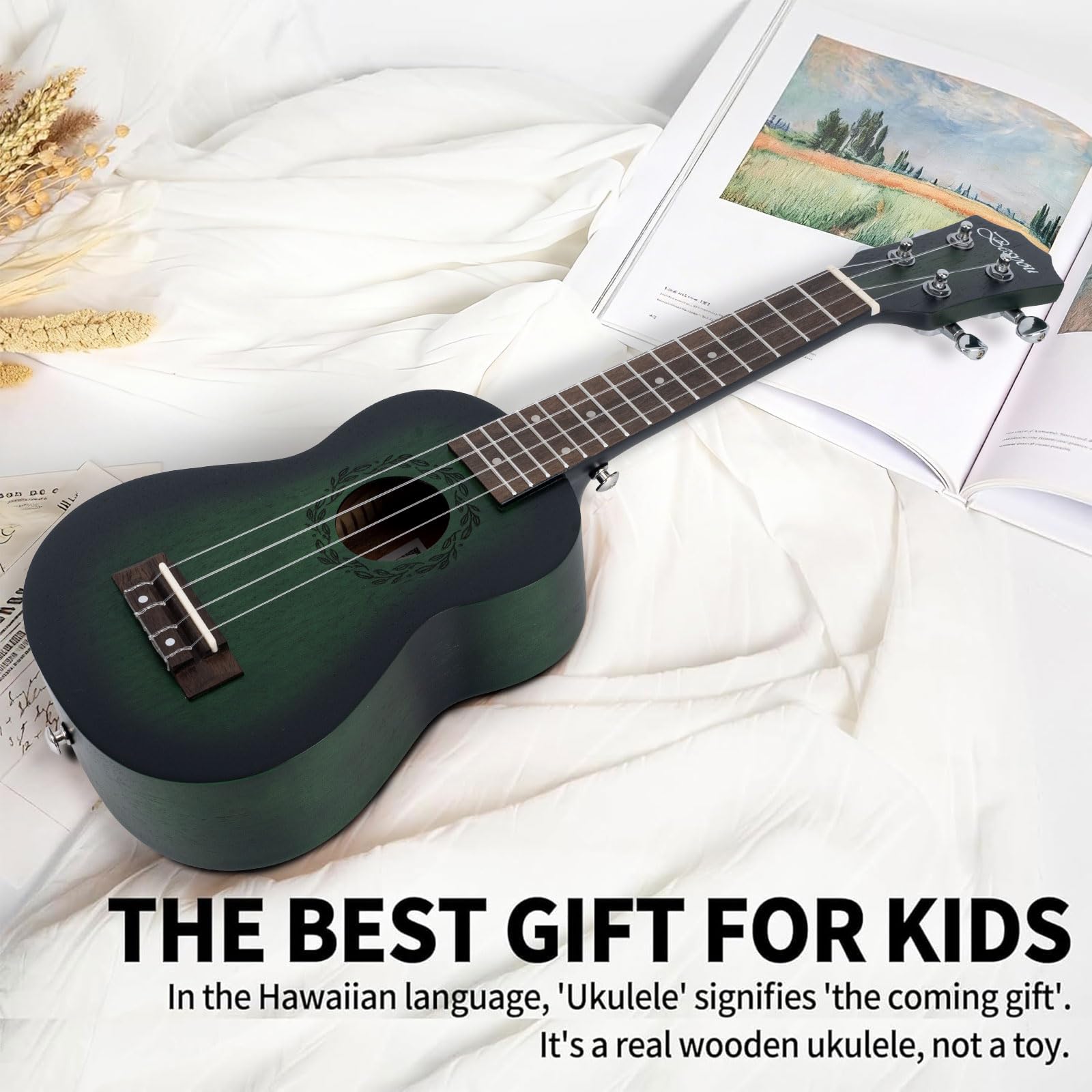 Besyou 21 Inches Green Beginner Mahogany Ukulele All In One Starter Kit