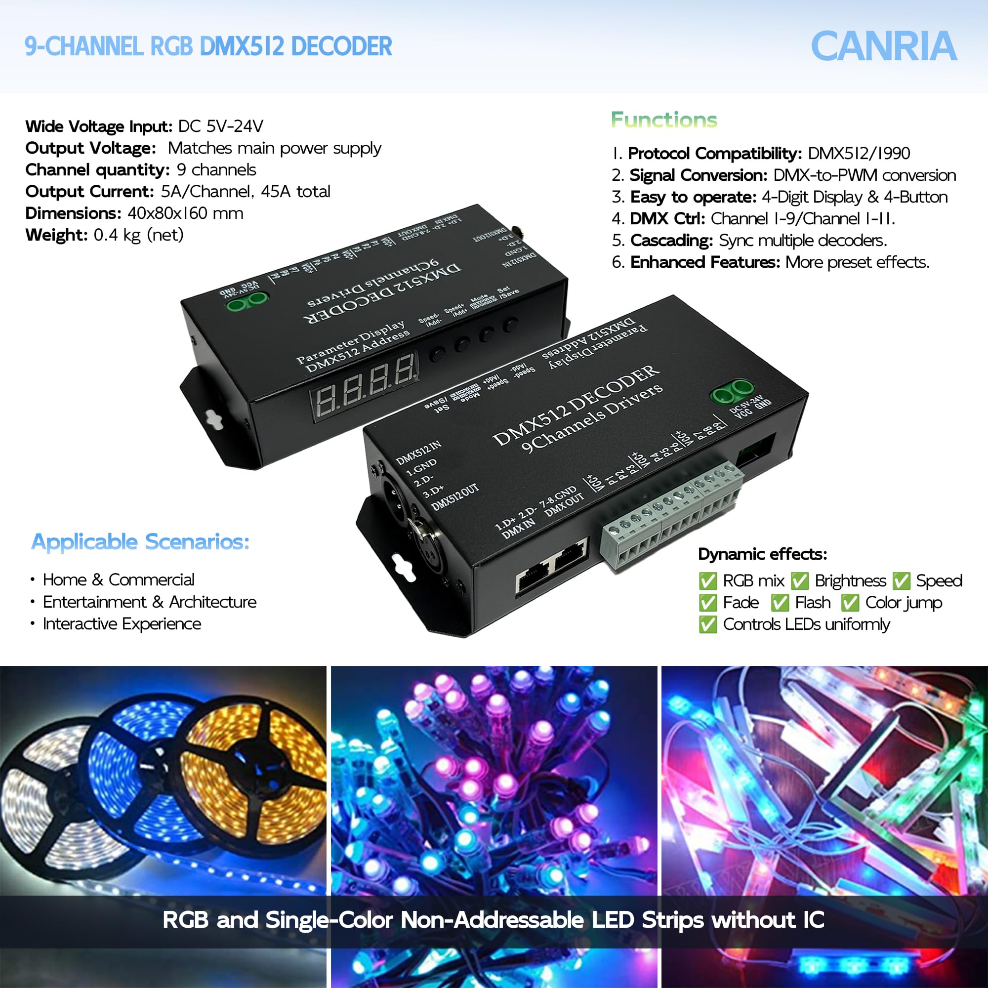CANRIA 9 Channel DMX512 Decoder LED Controller, DC 5V-24V 5A/CH, RGB RGBW LED Lighting Driver, for Stage/Architectural/Event Lights, 4-Digit Display