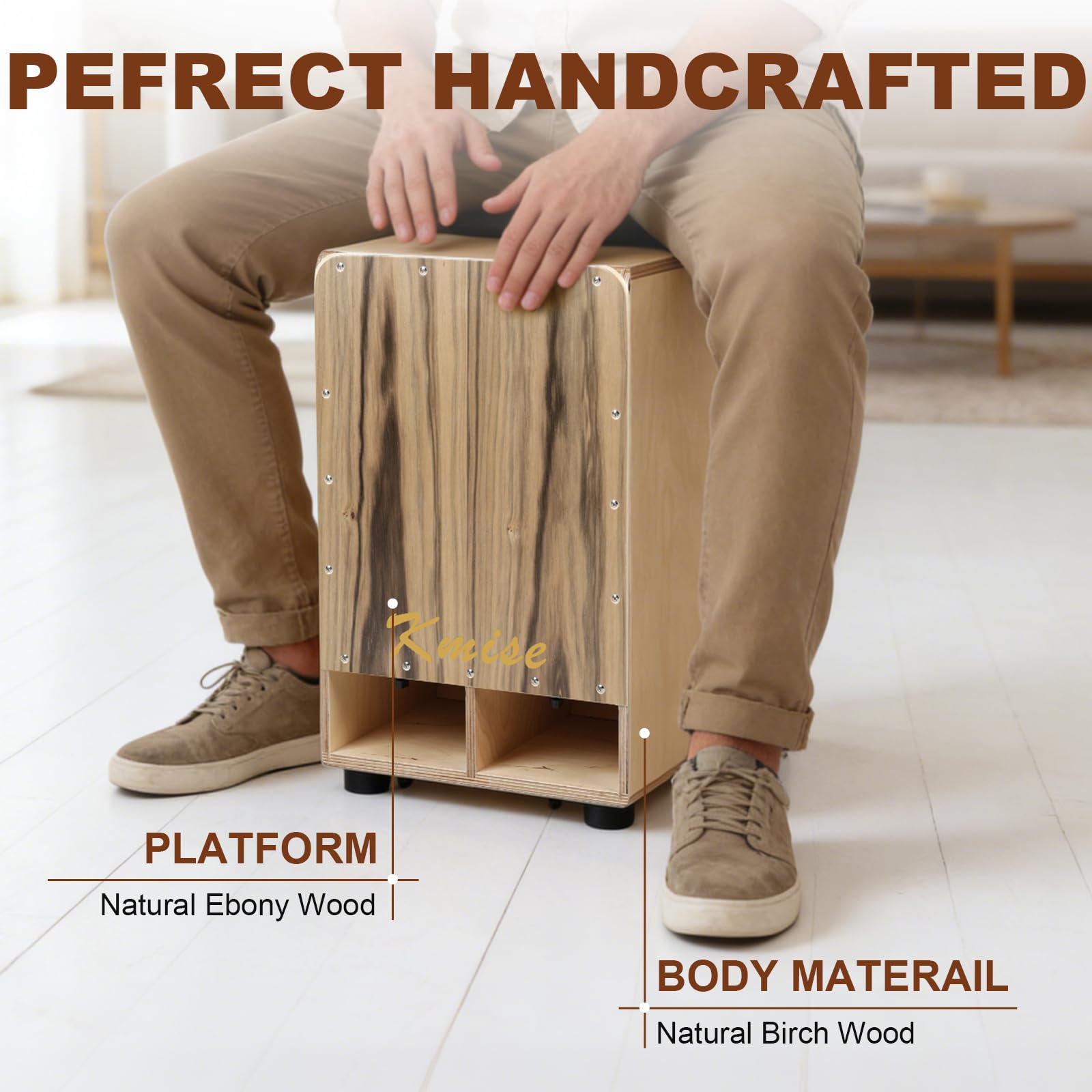 Kmise Enhanced Bass Response Cajon, 11.8×12.2×19.6″ Portable Adjustable Snare Cajons Drums,Solid Ebony & Birch Wood Drum Box, Percussion Instrument Gift for Adults Kids, With Carry Bag,for Performance