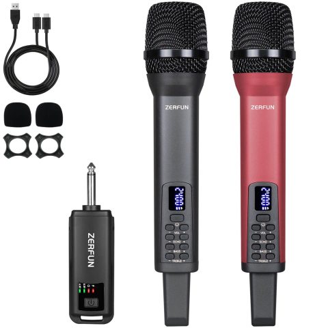ZERFUN Dual Rechargeable Wireless Microphones, Grey&Red