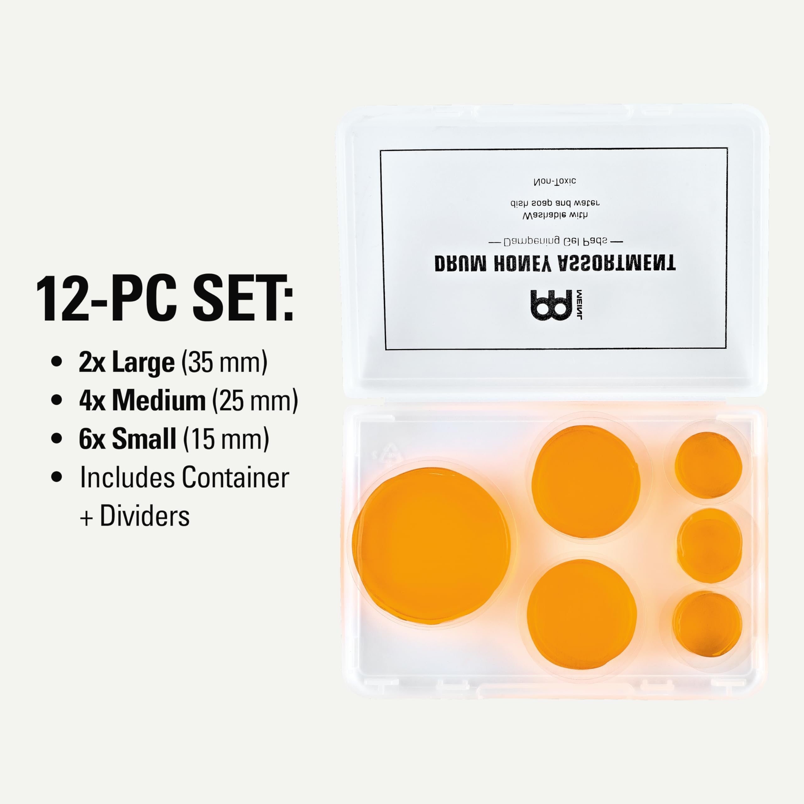 Meinl Cymbals Drum Honey Dampening Gel Pads for Drums and Cymbals with Container and Dividers, Reduce Vibration and Ring, 12-pc Assortment with Varying Sizes
