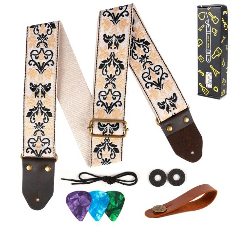 JIPIS Guitar Strap,Jacquard Cotton Guitar Straps with Real Leather Ends for Acoustic,Electric Guitars and Bass,with Free 1 Head strap, 2 Anti Slip Buckle and 3 Guitar Picks (GS-75-9 Yellow Jacquard)