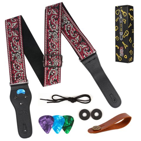 JIPIS Embroidered Cotton Guitar Strap – Adjustable Length with Anti Slip Buckles, Free Head Strap, 3 Guitar Picks (GS-08-1 Red Embroidery)