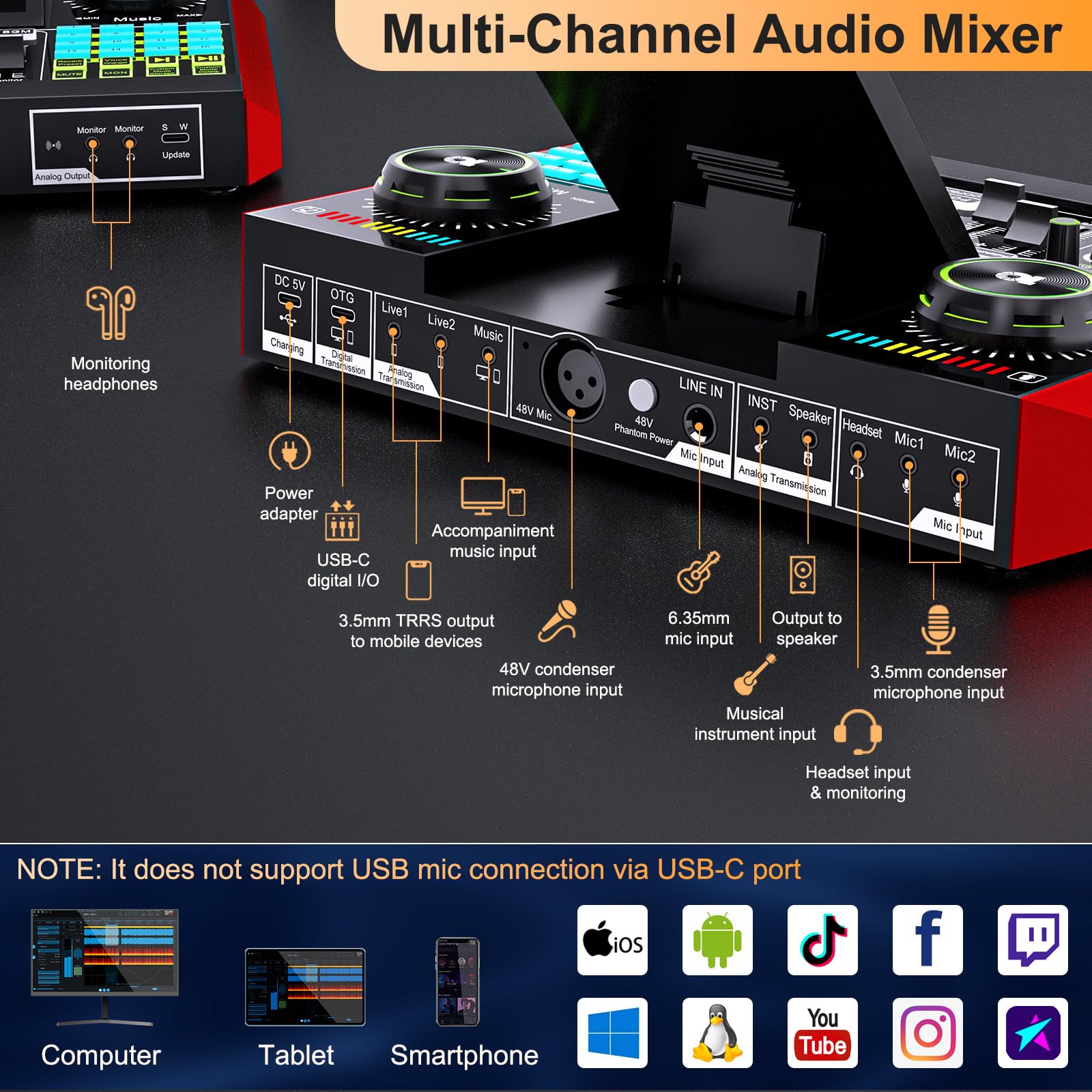 tenlamp G10 Gaming Audio Mixer, Audio Interface with 3.5mm/XLR Microphone Input, Voice Changer Live Sound Card for Streaming, Podcasting, Recording, and Singing Content Creation