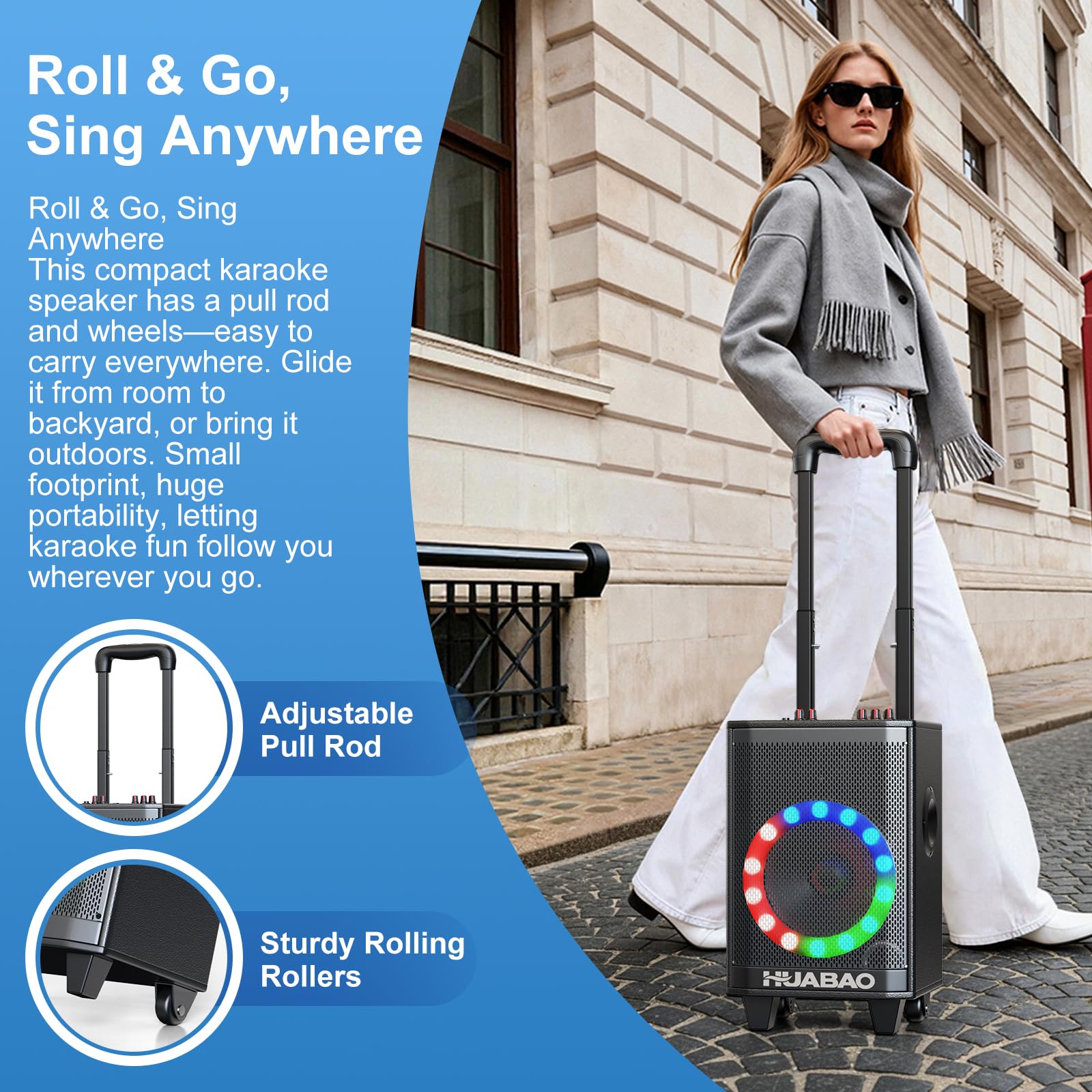 Portable Karaoke Machine with 2 Wireless Microphones, Bluetooth Speaker with Lights and Trolley Wheels, 6600mAh Rechargeable PA System, FM/AUX/USB/TF, Remote, Bass/Treble/Echo Adjust, Ideal for Party