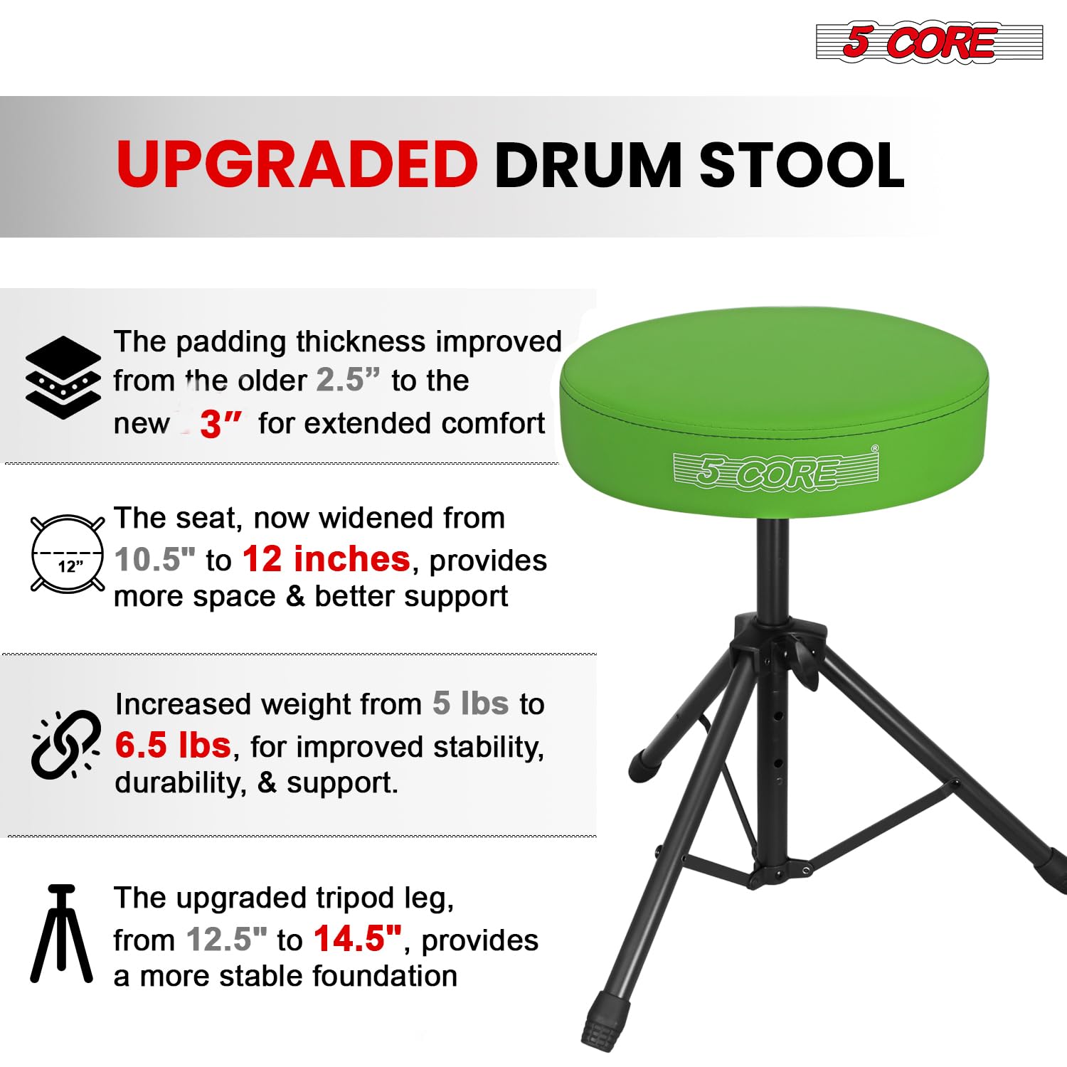 5 CORE Drum Throne Padded 3″ Seat Adjustable Drumming Stool Green