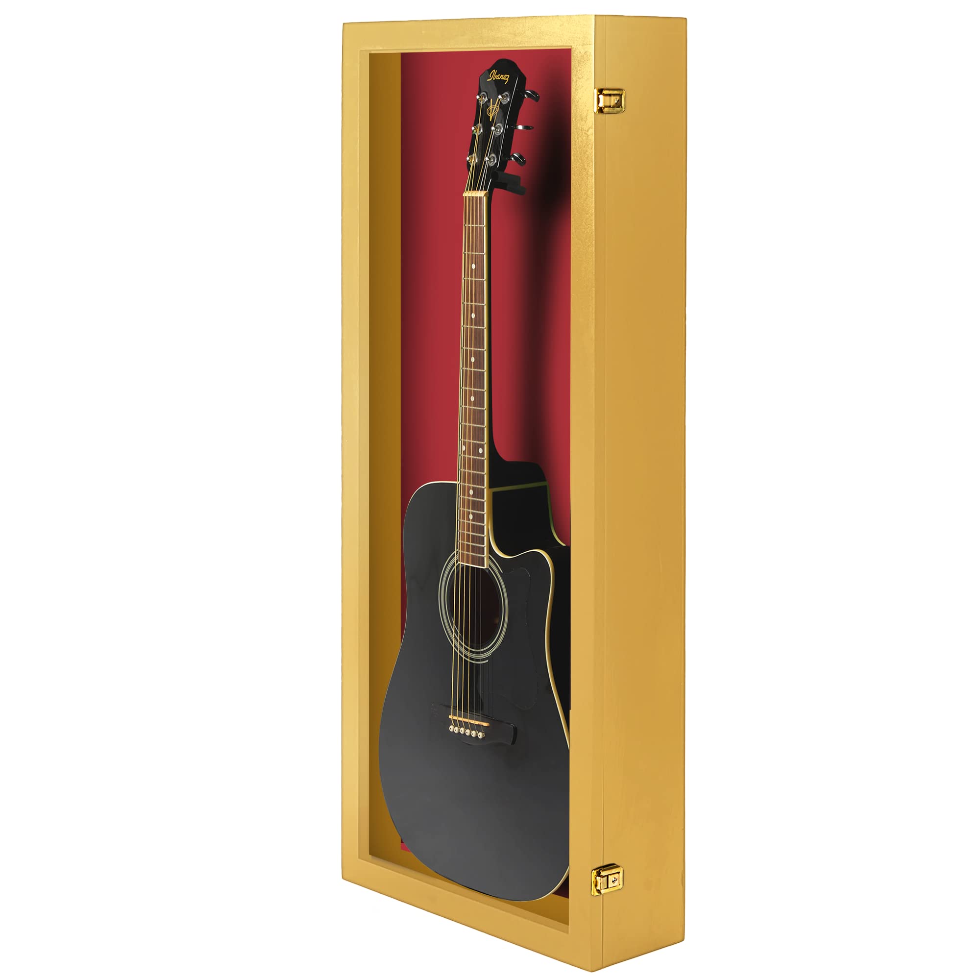 PENNZONI Acoustic Guitar Display Case – Acrylic Acoustic Guitar Case – Guitar Display Case Wall Mount Made from Hardwood Frame & Clear Acrylic – Golden Oak w/Red Felt
