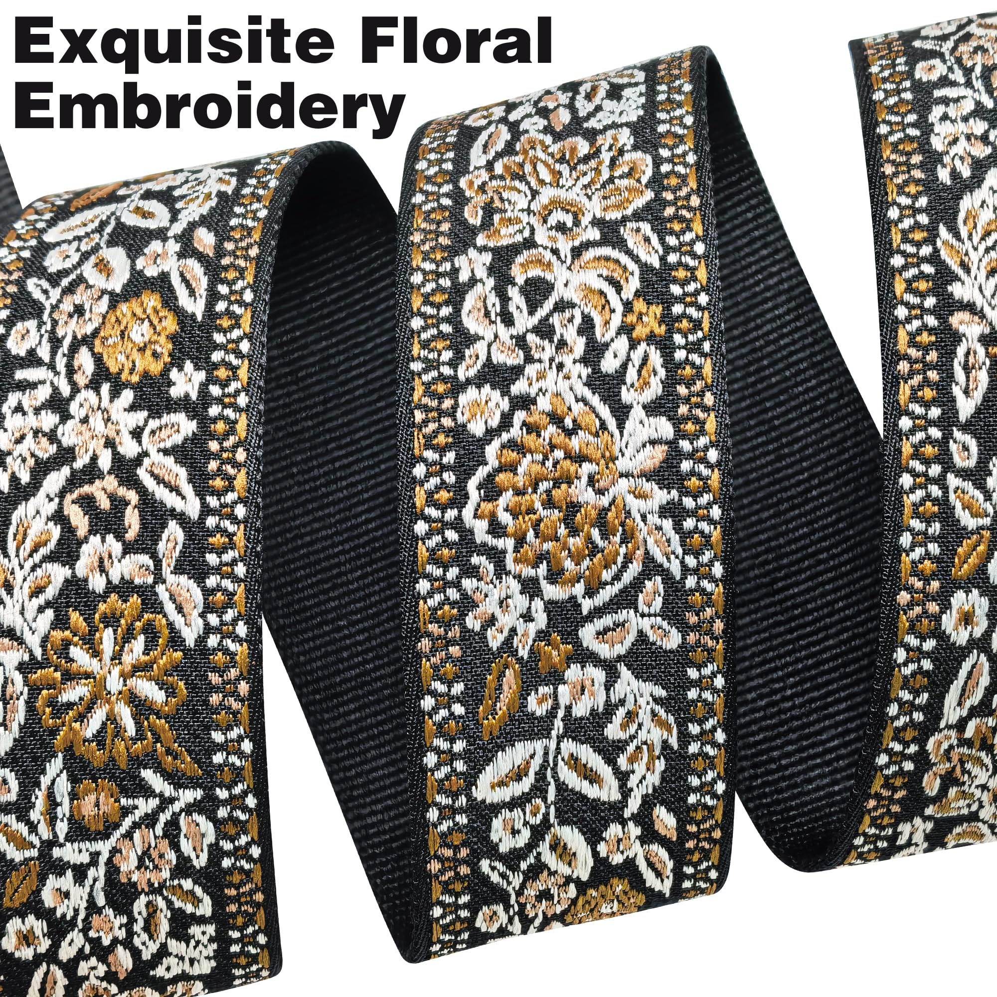 72 Inch Guitar Strap, Vintage Brown Floral Jacquard Woven Adjustable Strap with Premium Genuine Cowhide Leather Ends, Strap Locks & Picks for Acoustic Electric Bass (Vintage brown jacquard)