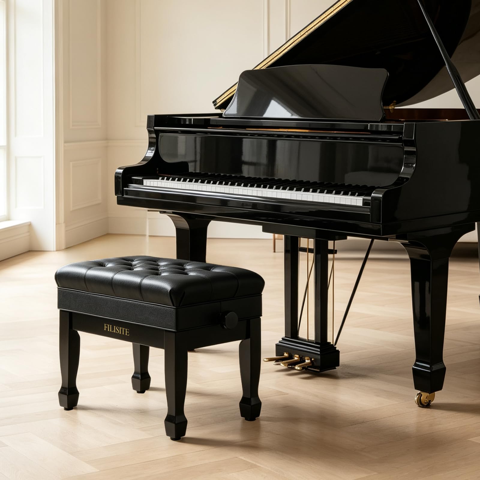 FILISITE Adjustable Height Piano Bench with Storage, Heavy Duty Solid Wood Piano Stool Keyboard Bench with PU Leather Padded Cushion(Black)
