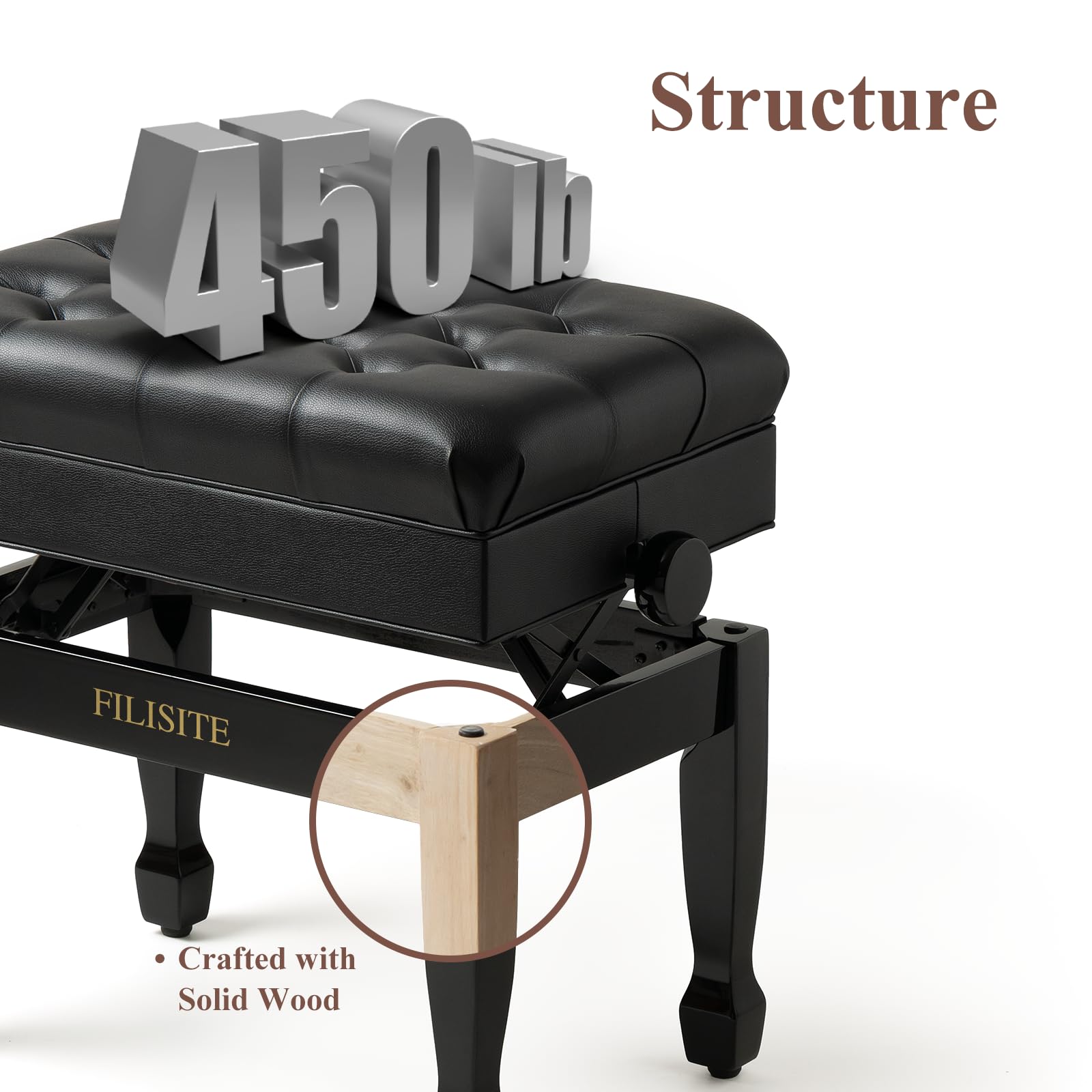 FILISITE Adjustable Height Piano Bench with Storage, Heavy Duty Solid Wood Piano Stool Keyboard Bench with PU Leather Padded Cushion(Black)