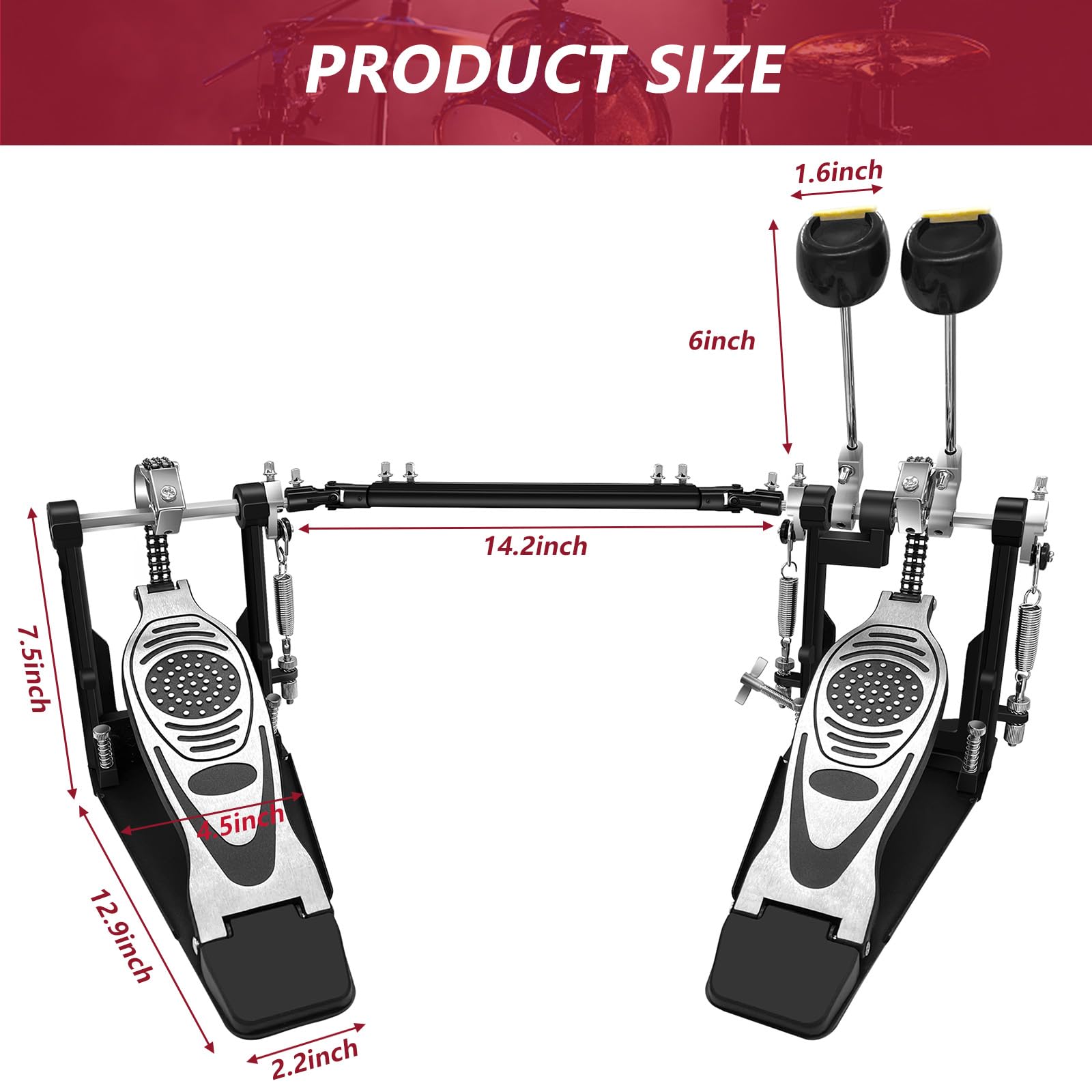 Double Bass Drum Pedal, Double Chain Drive Kick Pedal with Adjustable Beater