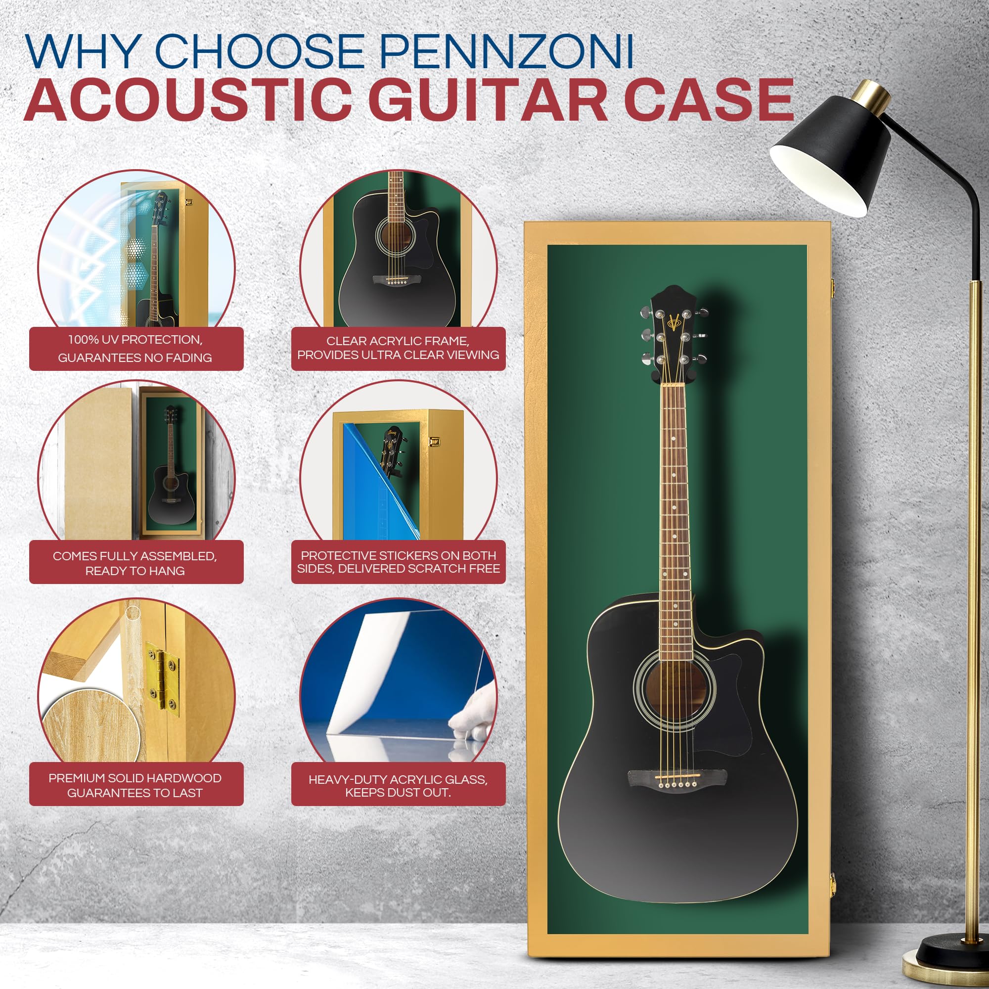 PENNZONI Acoustic Guitar Display Case – Acrylic Acoustic Guitar Case – Guitar Display Case Wall Mount Made from Hardwood Frame & Clear Acrylic – Golden Oak w/Felt Green