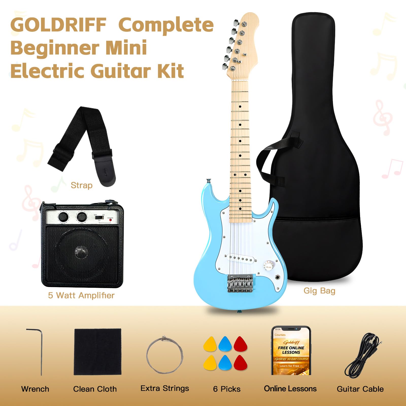 GOLDRIFF 30in Kids Electric Guitar Starter Kit for Beginners, Mini Electric Guitar with 5W Amp, Gig Bag, Strap, Extra Strings, Cable, 6 Picks, Clean Cloth and Free Online Lessons (Blue)