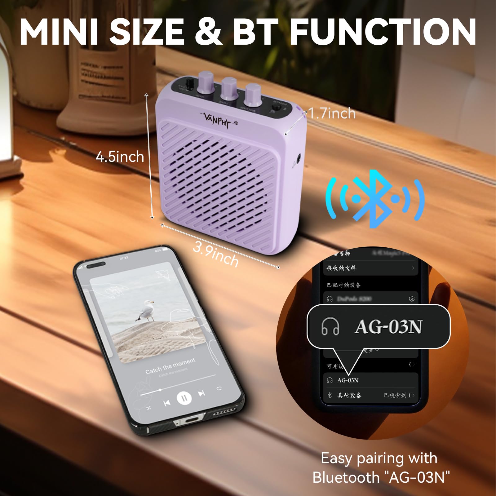 VANPHY Mini Electric Guitar Amplifier 3W Rechargeable Bluetooth Guitar Amp with Clean Overdrive Channel 5H Working Portable Small Amp for Indoor Practice and Traveling AG-03N Purple