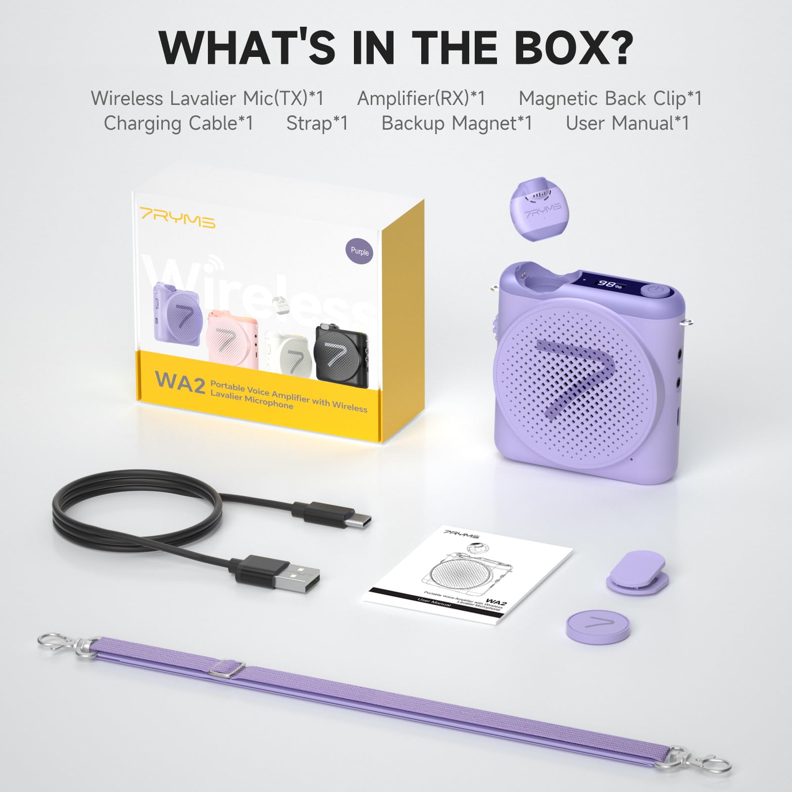 7RYMS WA2 Wireless Voice Amplifier for Teachers with Magnetic Lavalier Mic, Wireless Portable Amplifier with Noise Canceling, Mini Voice Amplifier for Classroom, Meeting, Training, Speech (Purple)