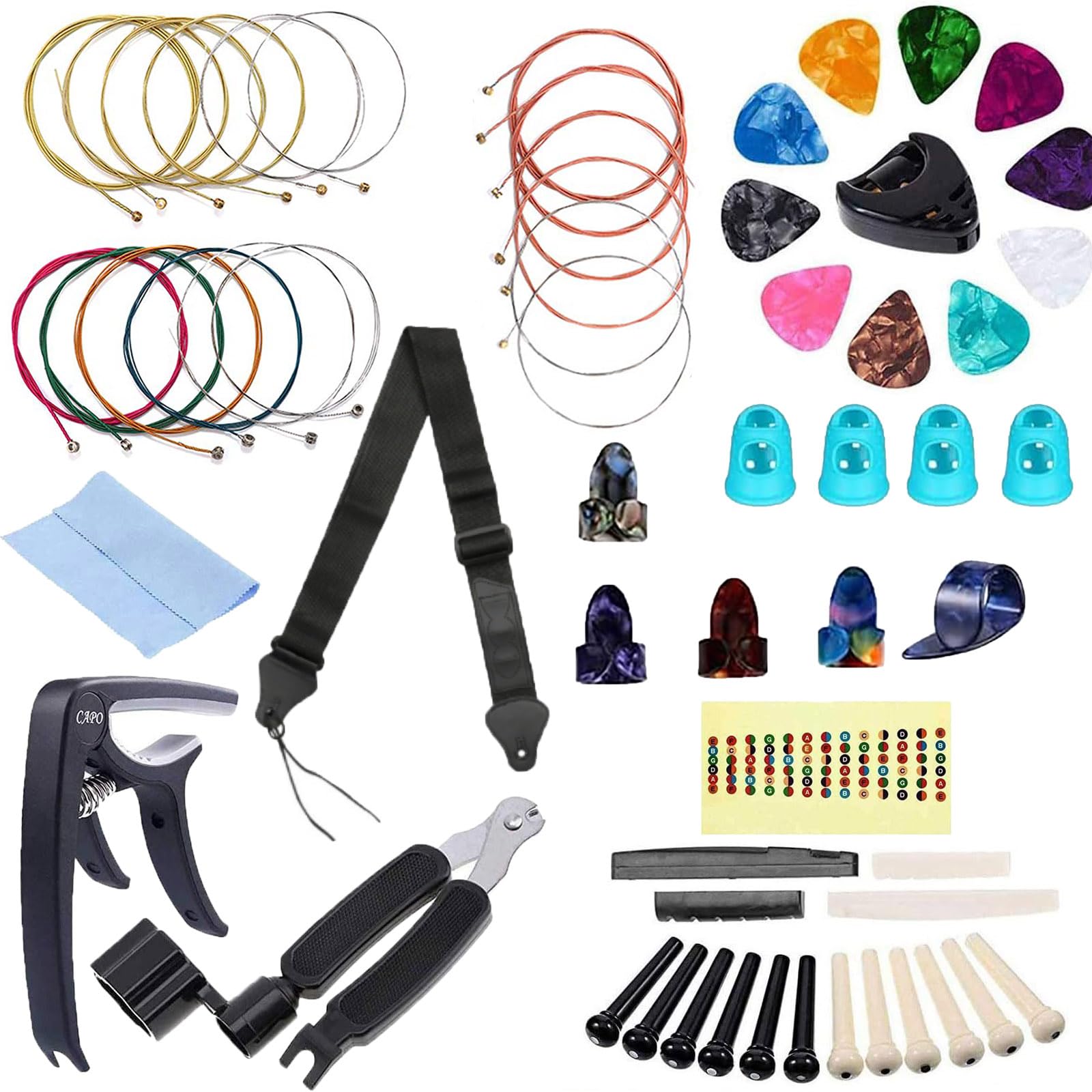 PUWANY 60 PCS All-in-One Acoustic Guitar Maintenance & Starter Kit | Includes Strings, Thumb Picks, 3-in-1 Restring Tool, Bridge Pins, Strap, Picks, Fretboard Stickers