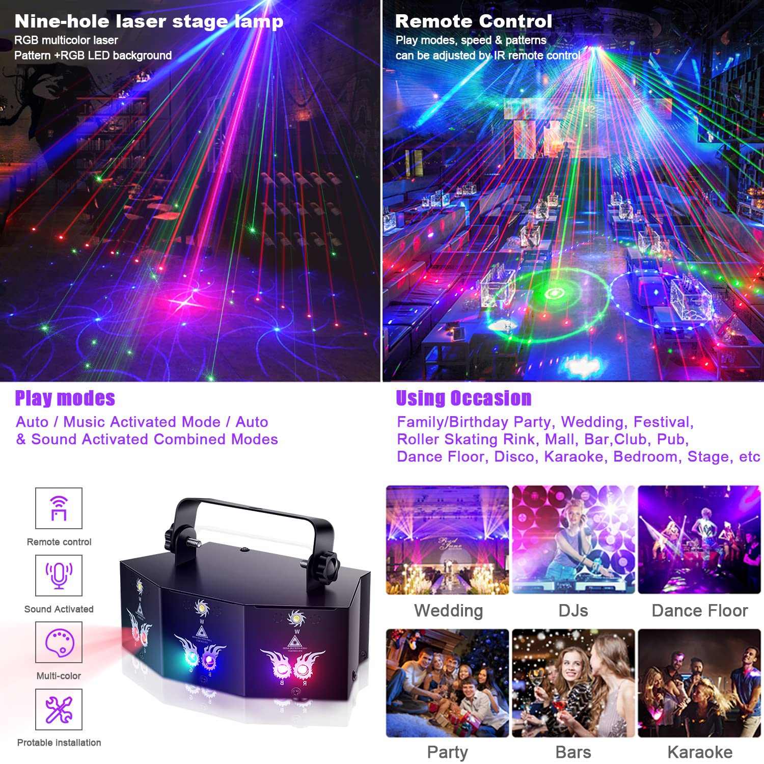 U`King Party Lights DJ Disco Light,9 Lens Stage Lighting Support DMX512 and Sound Activated with Remote Control Laser Lights for Parties Birthday Wedding Karaoke Bar KTV Club Stage Live Show(4 PCS)