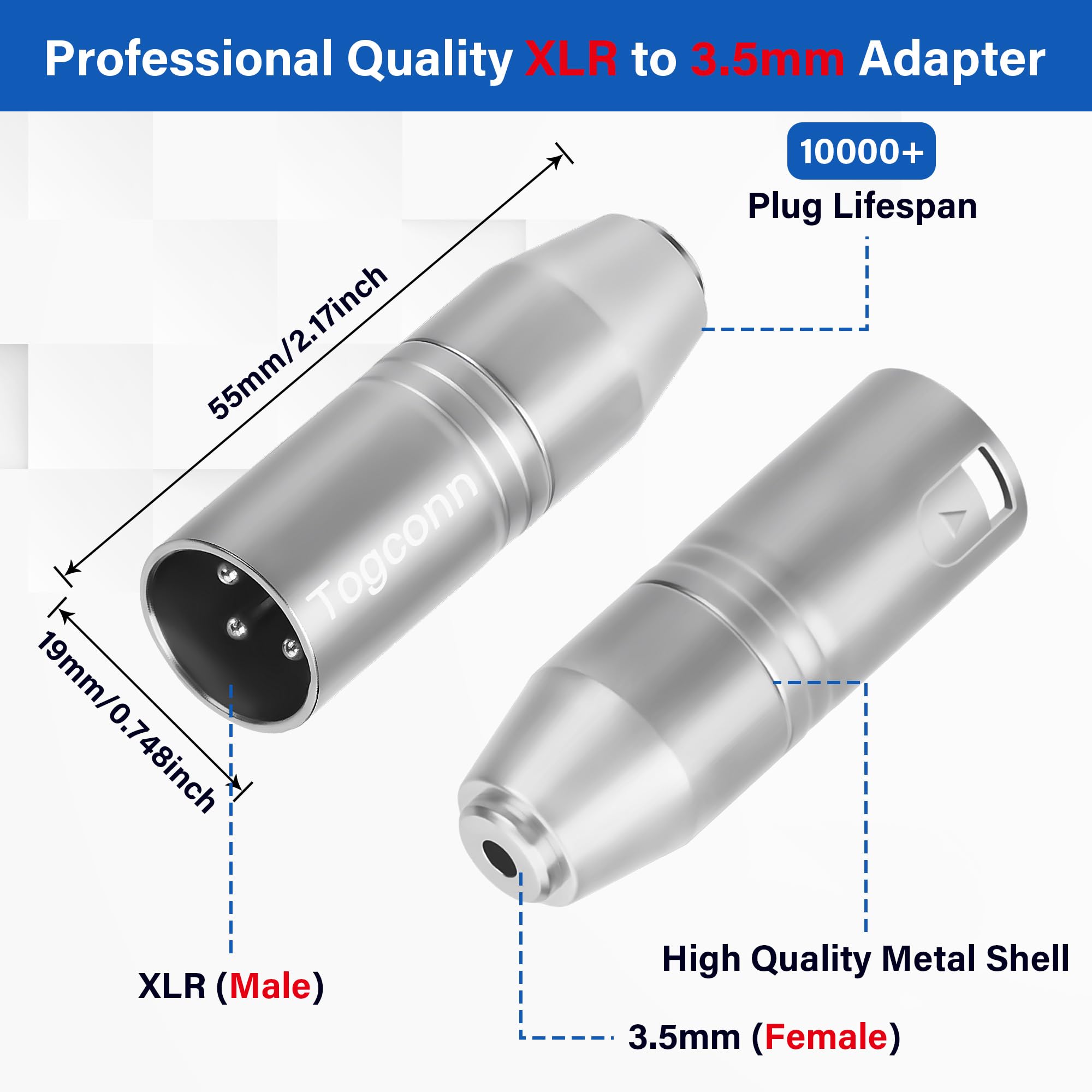 Togconn XLR to 1/8″ Adapter 2 Pack,3-Pin XLR Male to 3.5mm (1/8 inch) Female Stereo TRS Mini-Jack Microphone Audio Extension Connector Converter for Camcorders, Recorders, Mixers