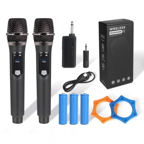 J.I.Y 2.4GHz Wireless Microphone System, Dual Handheld Cordless Dynamic Mics with Rechargeable Receiver, Anti-Interference Plug & Play Mic for Karaoke Machine, Party, Speaker, Church, 200-250ft Range