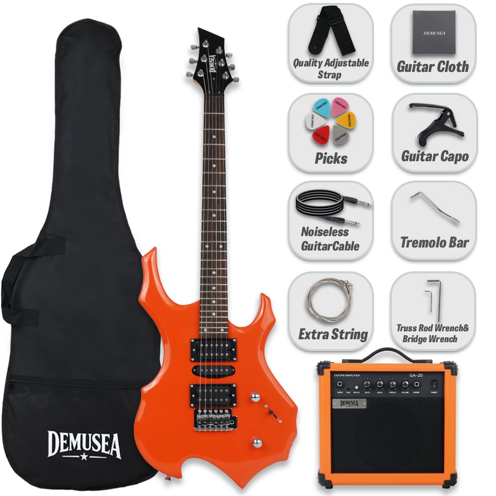 Electric Fire Flame Guitar Kit With Standard 20W Amp Set Orange Color Solid Popular Body Maple Neck 24F Fingerboard HSH Pickups Single Tremolo Bridge Accessories Pack In As Free