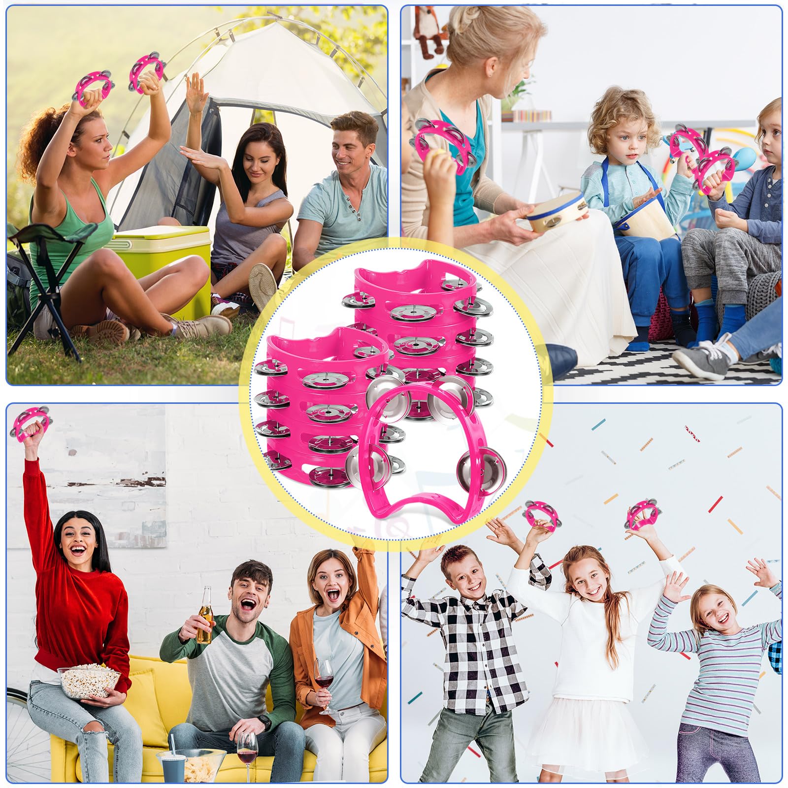 Lukmaa 12 Pcs Tambourine for Kids 4 Bells Handheld Percussion, Pink