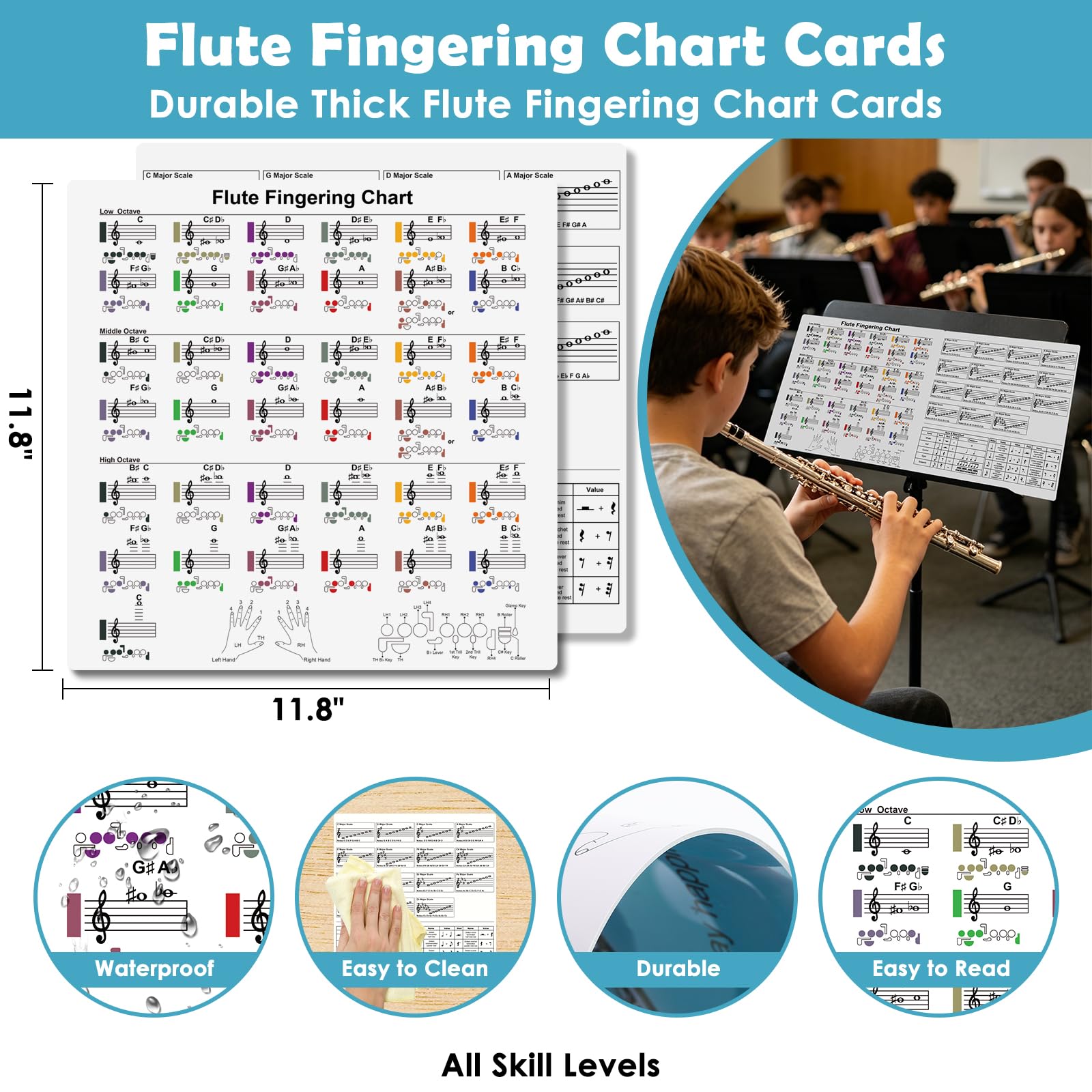 Enjoyard Flute Fingering Chart with All Major Scales, Note Rest & Dotted Rhythm Learning Card, Waterproof Flute Reference Guide for Beginner & Advanced Players