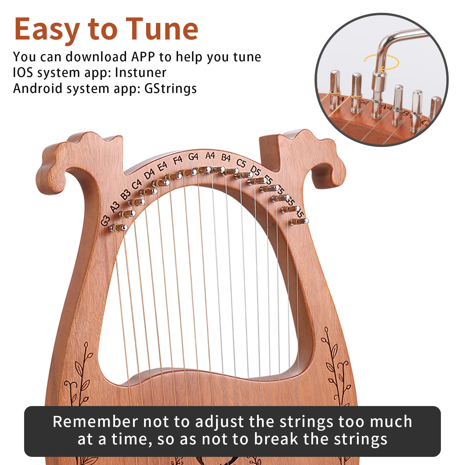 Lyre Harp, 16 Strings Mahogany Acoustic Lap Harp for Adults Beginners