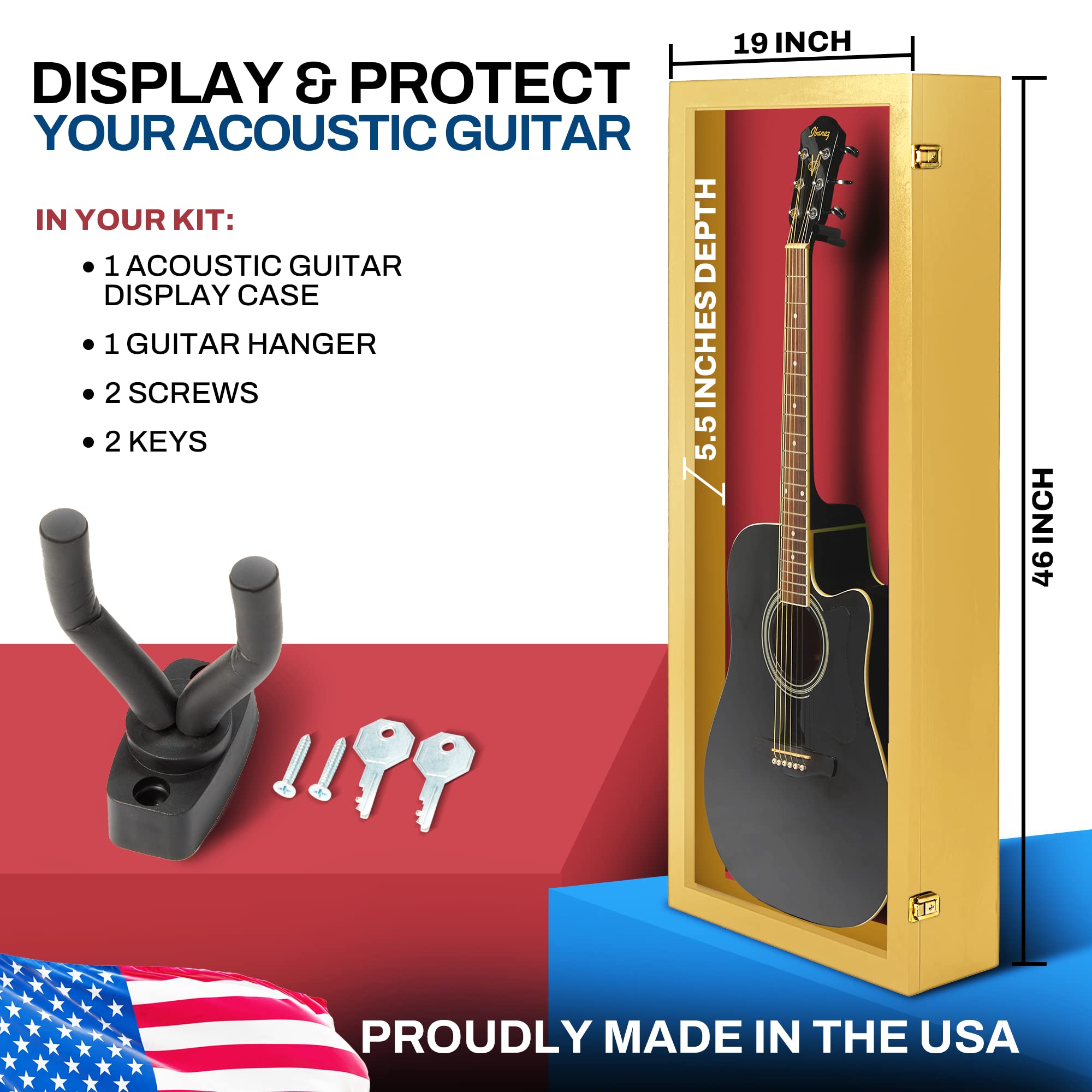 PENNZONI Acoustic Guitar Display Case – Acrylic Acoustic Guitar Case – Guitar Display Case Wall Mount Made from Hardwood Frame & Clear Acrylic – Golden Oak w/Red Felt