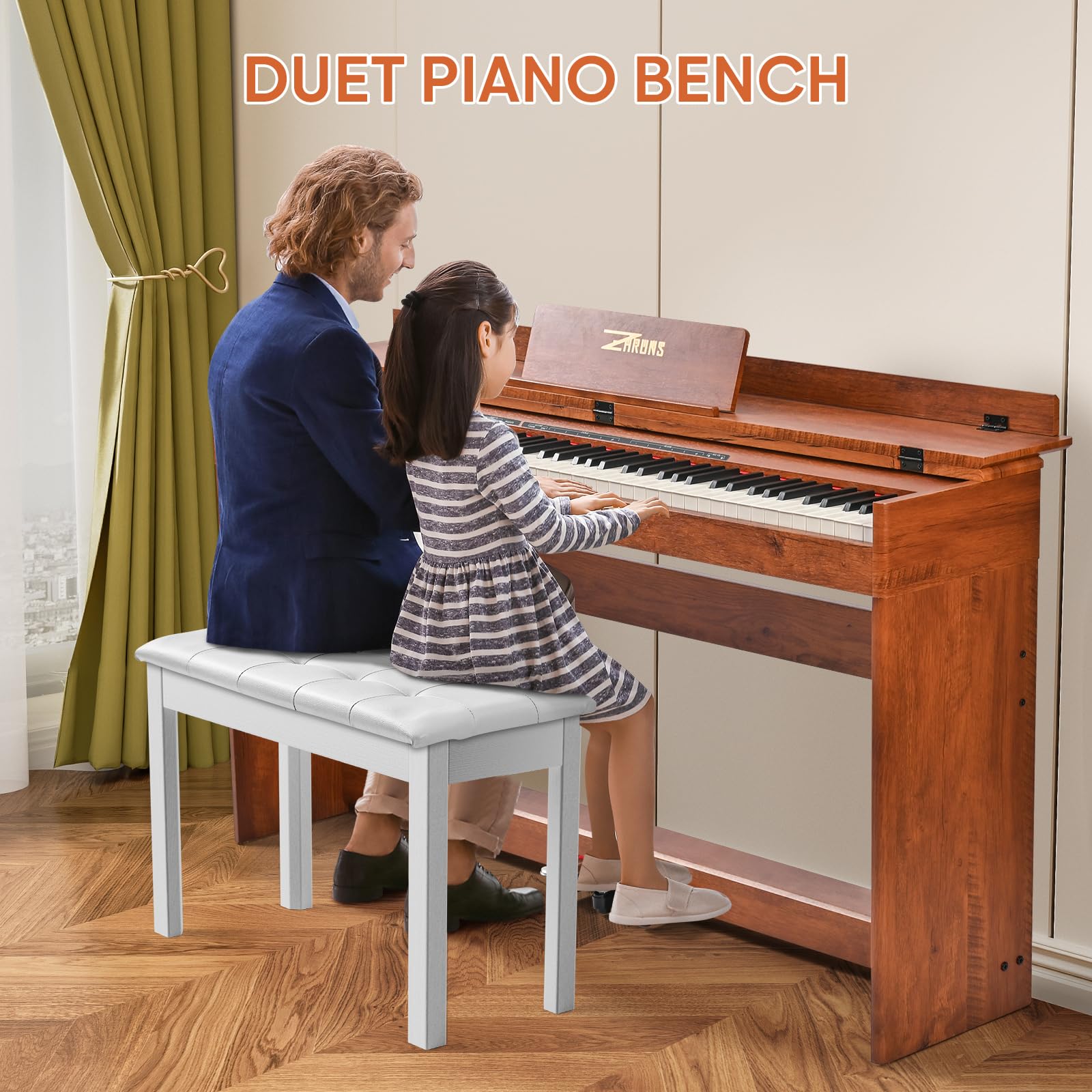 ZHRUNS Duet Piano Bench Wooden Keyboard Bench with Storage Compartment, 29” White Piano Chair Seat with Padded Cushion