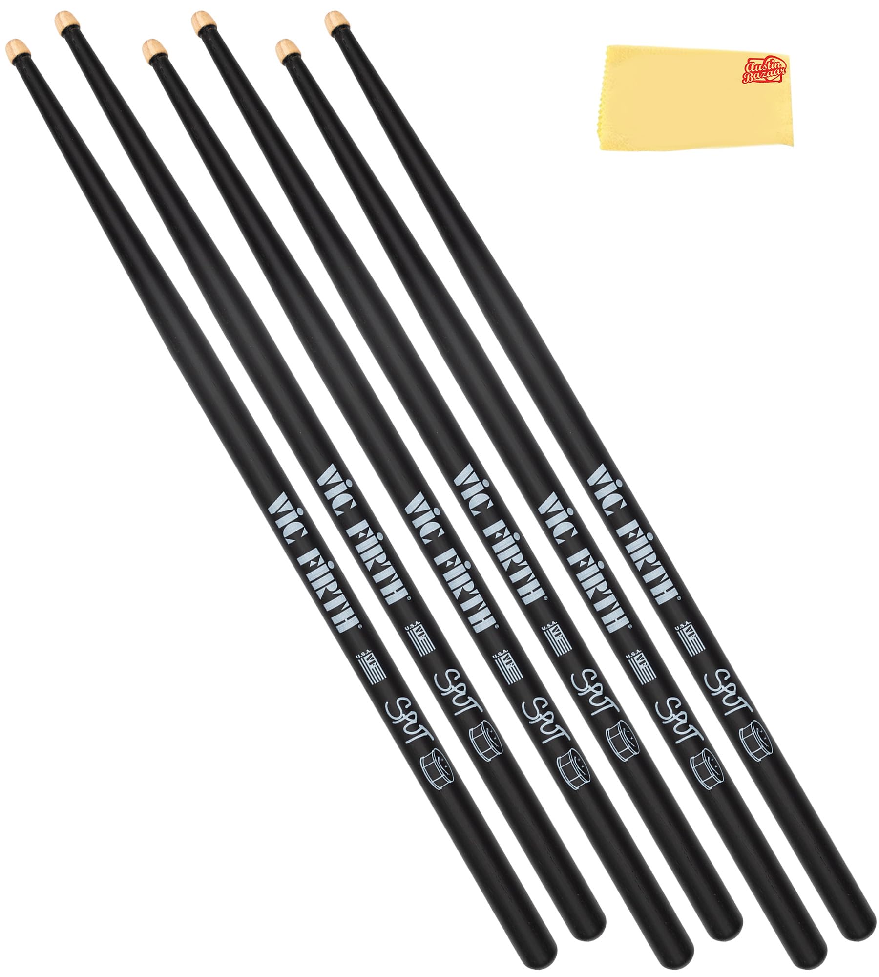 Vic Firth SPUT Signature Series Robert Sput Searight Drumsticks – 3-Pack Bundle with Austin Bazaar Polishing Cloth