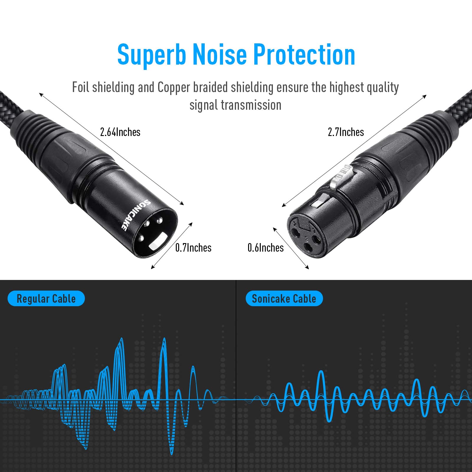 SONICAKE XLR Microphone Cable Male to Female 3 Pin Nylon Braided for Studio Recording and Live Production 6 Feet/2M, Black