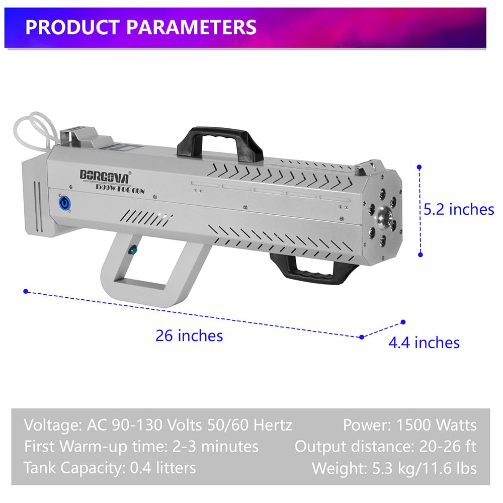 BORGOVA 1500W Handheld Fog Cannon 7-Color LED Timer Smoke Gun