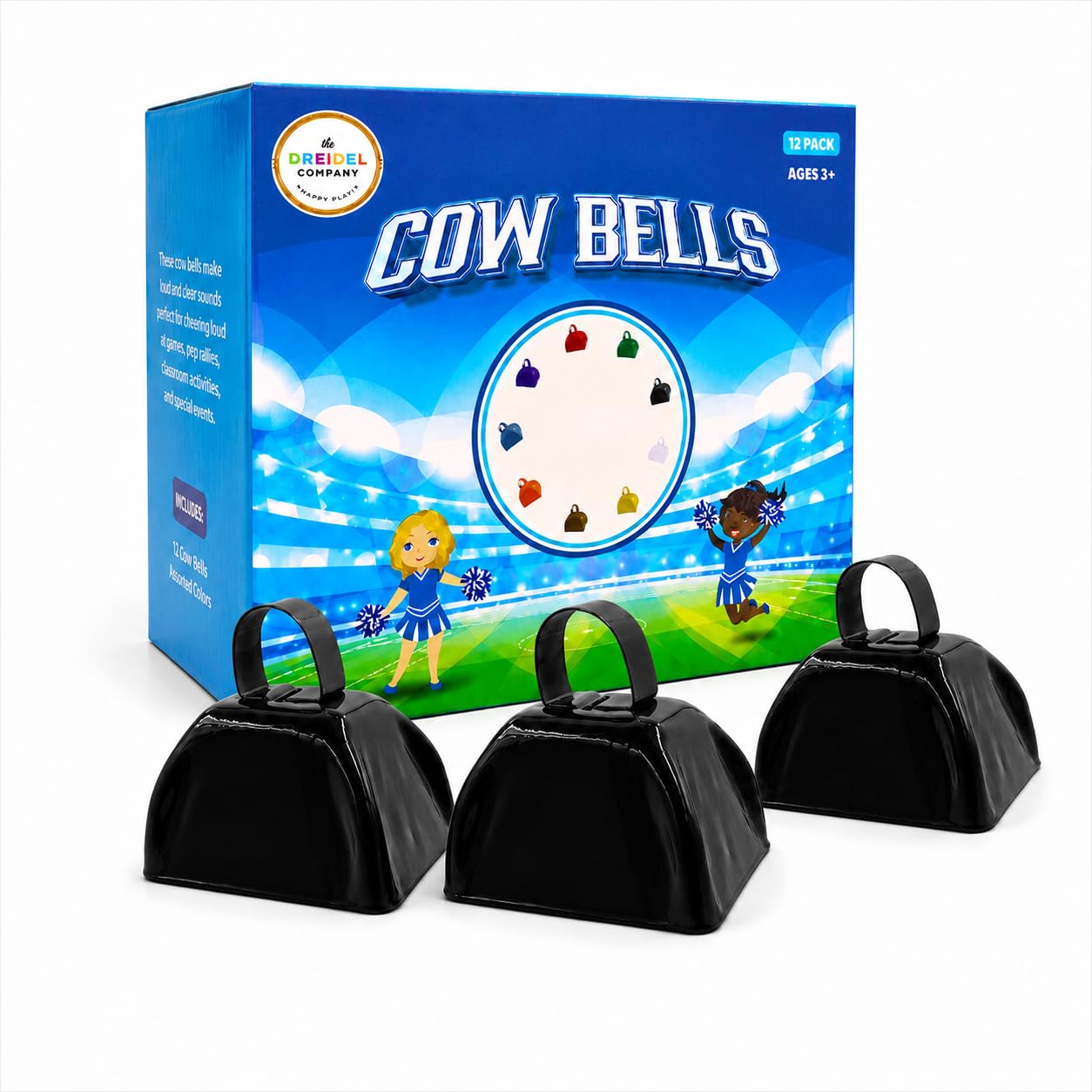 The Dreidel Company Black Metal Cowbell Noisemaker Cheering Bell, New Years, School Classroom, Wedding Bells & Chimes Percussion Musical Instruments Call Bell Alarm, 3″ – (12-Pack)