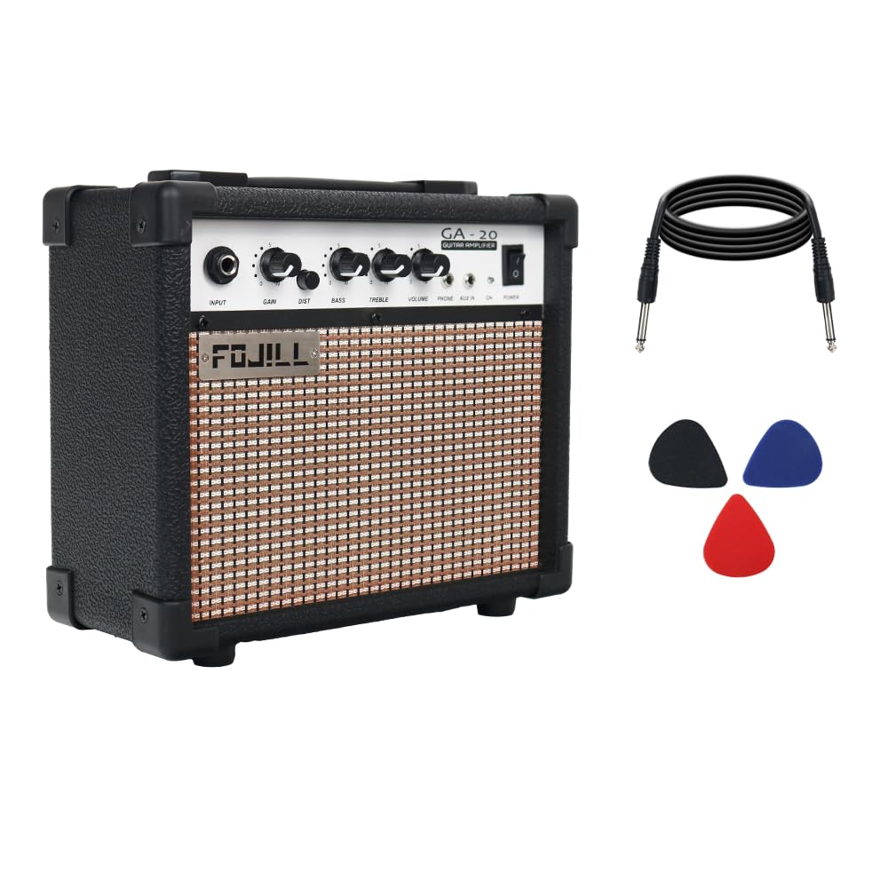 Fojill 20W Watt Electric Guitar Amplifier Amp Practice Small Portable Travel Mini Amp with 3.5 Headphone Jack Aux Distortion Gain Treble Bass Volume (Black, 20W)